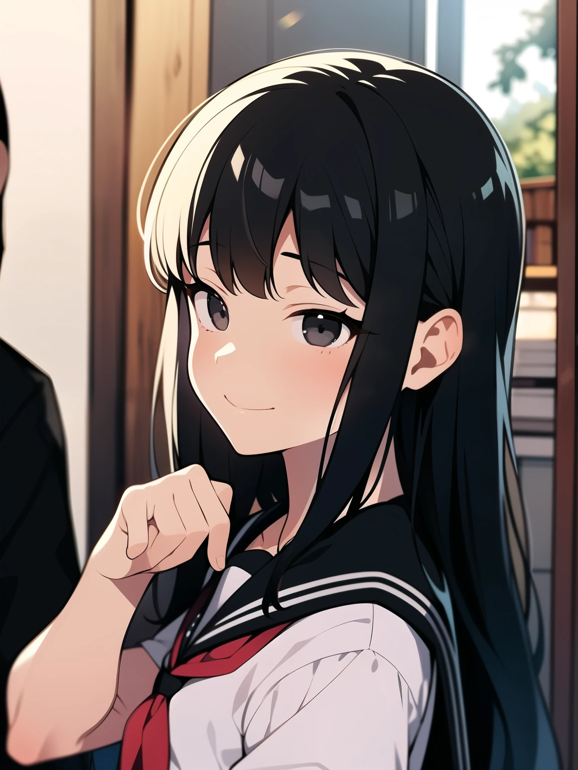 school girl, black semi long hair, black eyes, shrine