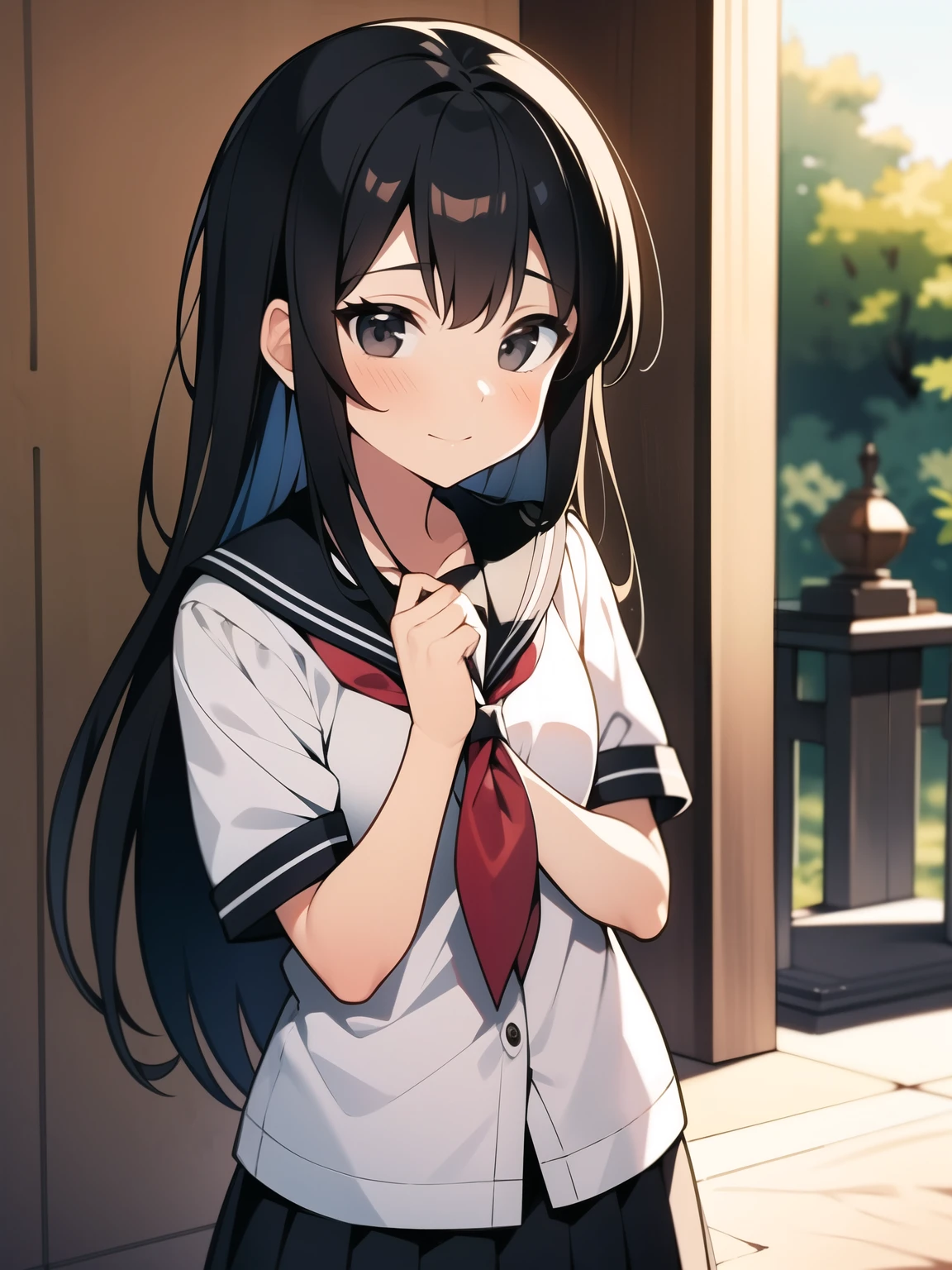 school girl, black semi long hair, black eyes, shrine