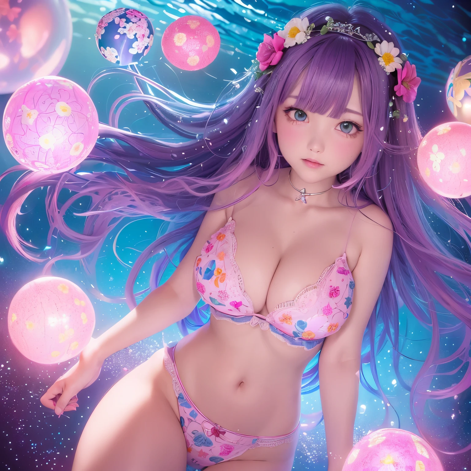 The upper part of the body、one girls、I have dark blue hair color、Two-tone、(Pink Highlight Hair、curlyhair/floral hair band、very Bigger breasts、The bikini(Emphasize pink floral lace)Holding a shining wand..、Shining magic circle、Countless glowing spheres float、Glowing soap bubbles、shining chandelier、under the water、Glowing jellyfish