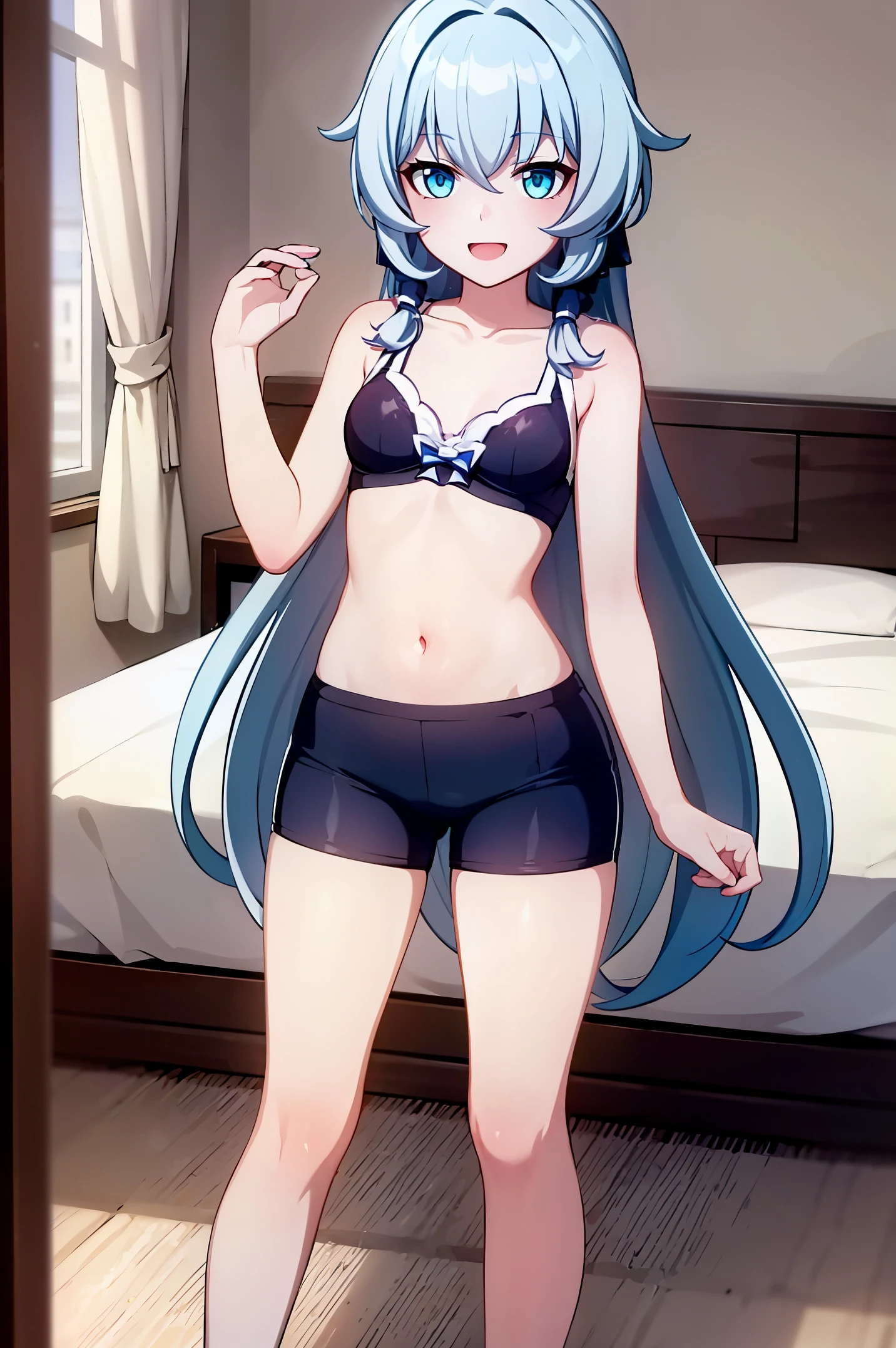1 girl, best quality, ultra high res, long hair, blue hair, blue eyes, shigure kira, looking at viewers, small breast, standing, pov, slim body, body, small body, short body, smile, open mouth, white bra, black bike shorts, bedroom, white bed sheets,