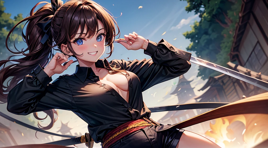 1girl, solo, village, trees, brown hair, long hair, curly hair, ponytail, large breasts, button down shirt, ninja, ((black shirt)), ((unbuttoned shirt)), ((short sleeved shirt)), blue eyes, black shorts, katana, grin, looking at the viewer, standng, hair ribbon, bandage