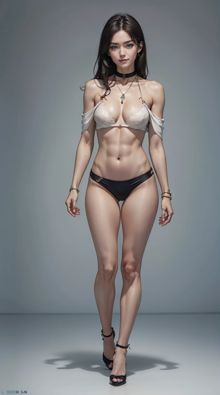 26 year old white woman、Hair is brunette、Eye color is blue、Longhaire、Slender but well-proportioned muscular body、My abs are cracked、I can see the belly button、a smile、wearing a body conscious dress、wearing an arm dress、studio shoot