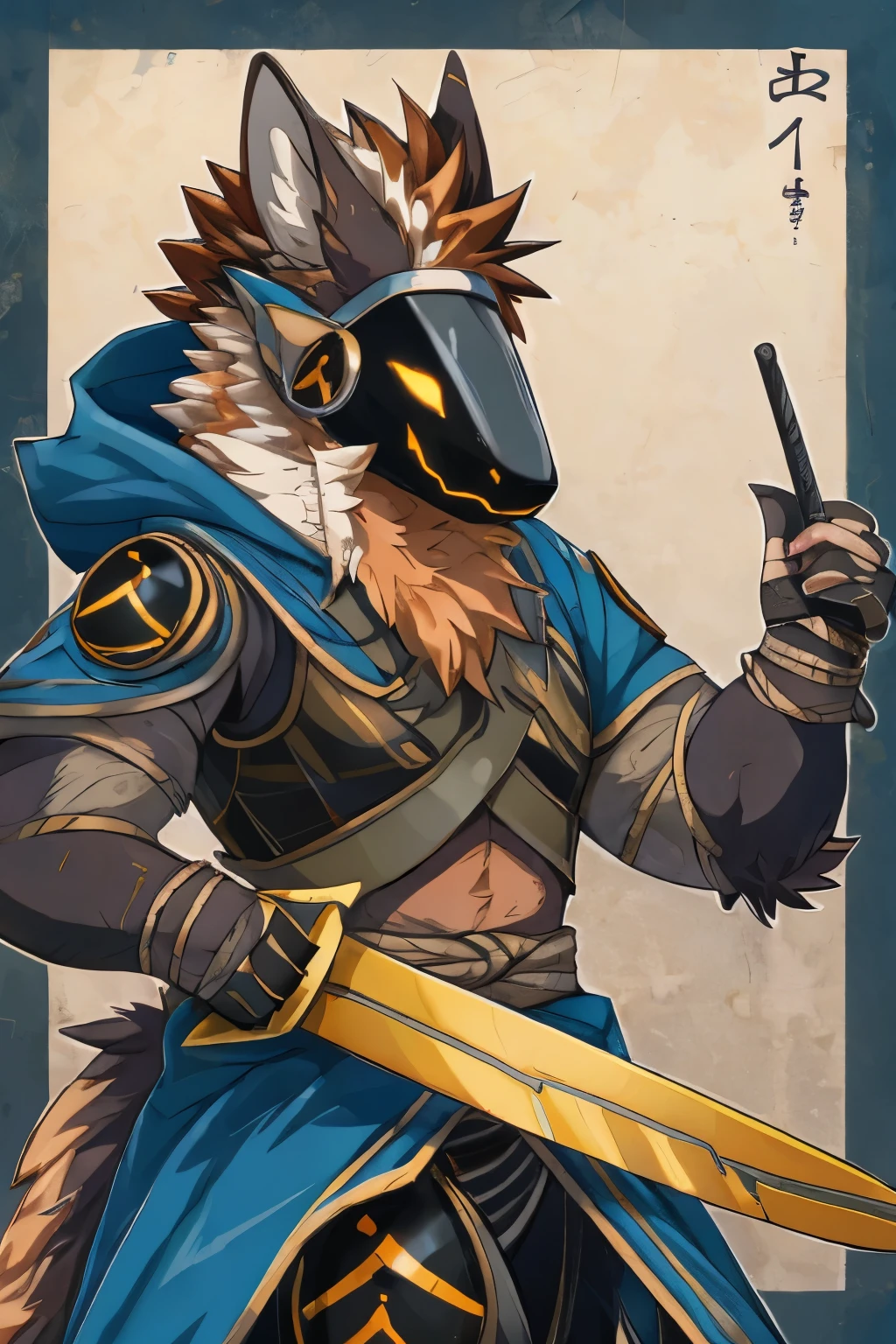 Japanese feel, Protogen, coyote, samurai, Sexy, blue cloak, samurai armor, Divided armor and sashimono, Kitsune-inspired armor, Sengoku period art style, Long sword