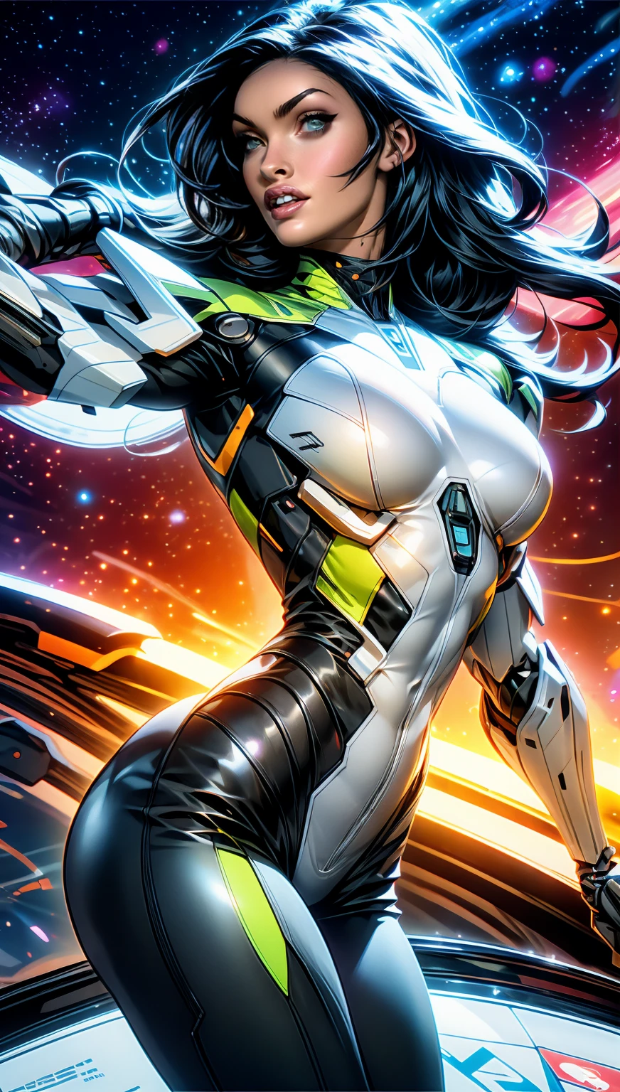 (1 girl), (megan fox:1.25), (skin tight cybernetic android mecha armor:1.25), (muscular female android:1.25), nijistyle, rfktr_technotrex, exploring planets, alien worlds, exotic locations, deep-space, unknown terrors, galactic nebulas, star studded cosmos, fcPortrait, HDR (High Dynamic Range), Ray Tracing, NVIDIA RTX, Super-Resolution, Unreal 5, subsurface scattering, PBR texturing, Post-processing, anisotropic filtering, Depth of field, Maximum clarity and sharpness, multilayer textures, specular and albedo maps, surface shading, Accurate simulation of light-material interaction, perfect proportions, Octane rendering, dual-tone lighting, ISO baixo, white-balance, rule of thirds, 8K RAW, sub-pixel convolution, luminescent particles,