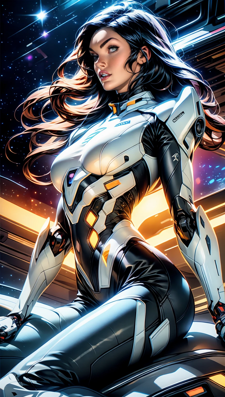 (1 girl), (megan fox:1.25), (skin tight cybernetic android mecha armor:1.25), (muscular female android:1.25), nijistyle, rfktr_technotrex, exploring planets, alien worlds, exotic locations, deep-space, unknown terrors, galactic nebulas, star studded cosmos, fcPortrait, HDR (High Dynamic Range), Ray Tracing, NVIDIA RTX, Super-Resolution, Unreal 5, subsurface scattering, PBR texturing, Post-processing, anisotropic filtering, Depth of field, Maximum clarity and sharpness, multilayer textures, specular and albedo maps, surface shading, Accurate simulation of light-material interaction, perfect proportions, Octane rendering, dual-tone lighting, ISO baixo, white-balance, rule of thirds, 8K RAW, sub-pixel convolution, luminescent particles,