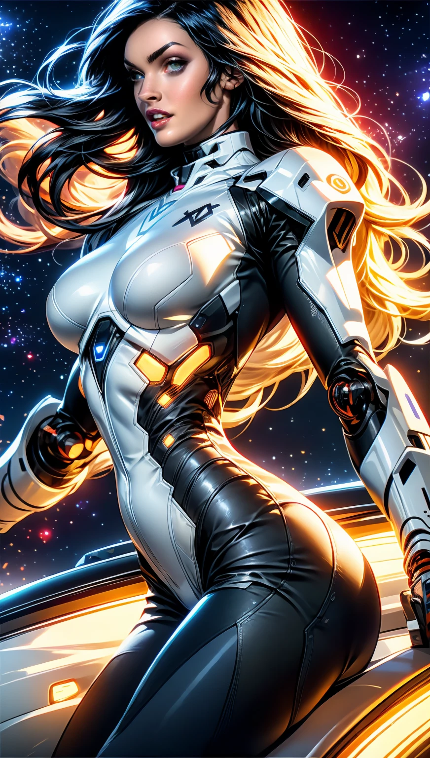 (1 girl), (megan fox:1.25), (skin tight cybernetic android mecha armor:1.25), (muscular female android:1.25), nijistyle, rfktr_technotrex, exploring planets, alien worlds, exotic locations, deep-space, unknown terrors, galactic nebulas, star studded cosmos, fcPortrait, HDR (High Dynamic Range), Ray Tracing, NVIDIA RTX, Super-Resolution, Unreal 5, subsurface scattering, PBR texturing, Post-processing, anisotropic filtering, Depth of field, Maximum clarity and sharpness, multilayer textures, specular and albedo maps, surface shading, Accurate simulation of light-material interaction, perfect proportions, Octane rendering, dual-tone lighting, ISO baixo, white-balance, rule of thirds, 8K RAW, sub-pixel convolution, luminescent particles,