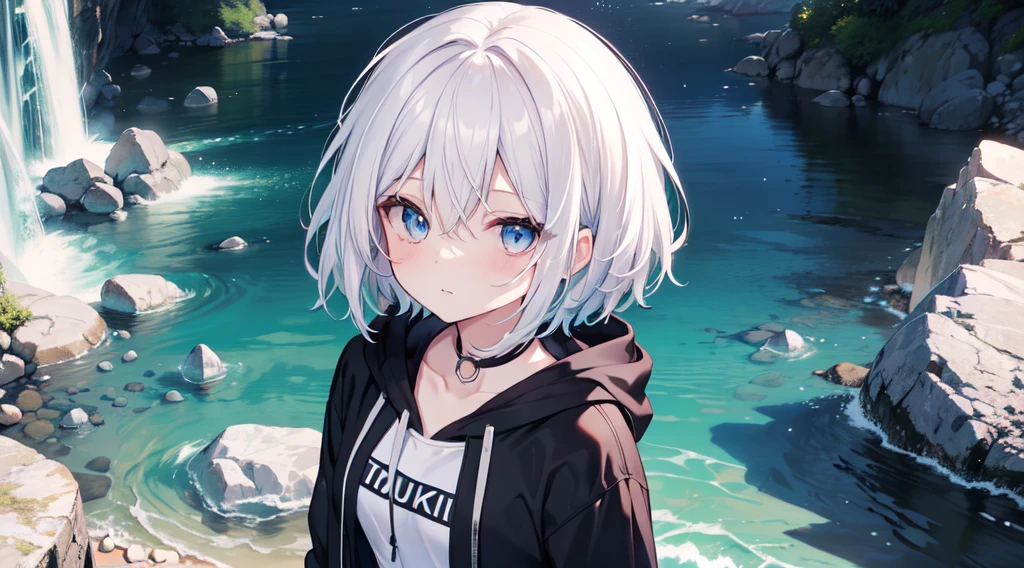 Ultra-high image quality,Look at viewers, hands behind back, girl with, 20 years old, Very short hair, long bangs between eyes, pale blue eyes, Hoodie, Skirt , white hightastic,,Black eyes,  White hoodie,a black skirt,Hair is short,Condescending from above,White jacket, Casual style,Open jacket,  Fluttering hair、a small face ,profetional lighting,fantastic landscape,Blue sky, Sunlight,look down from above,portraitures、White hair、 Silver hair