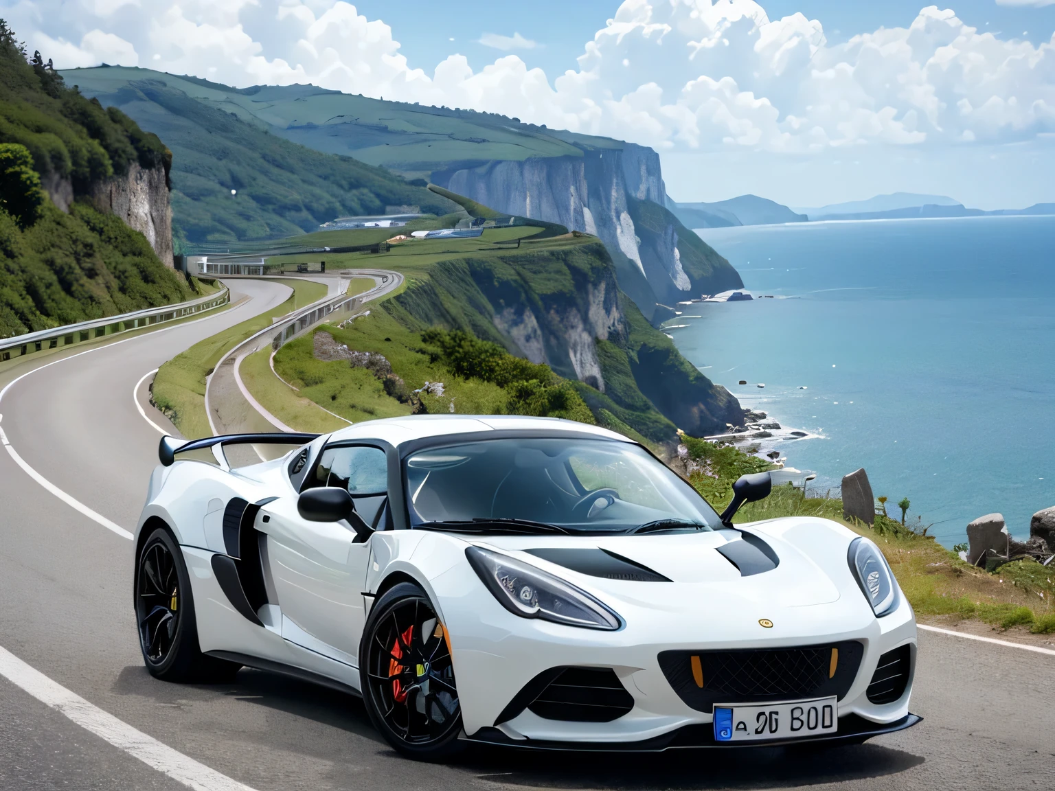 超A high resolution、An ultra-high picture quality、8K、Wonderful expression with attention to detail、early summer coastline、A white sports car stopped on a mountain road、lotus exige　sports coupe