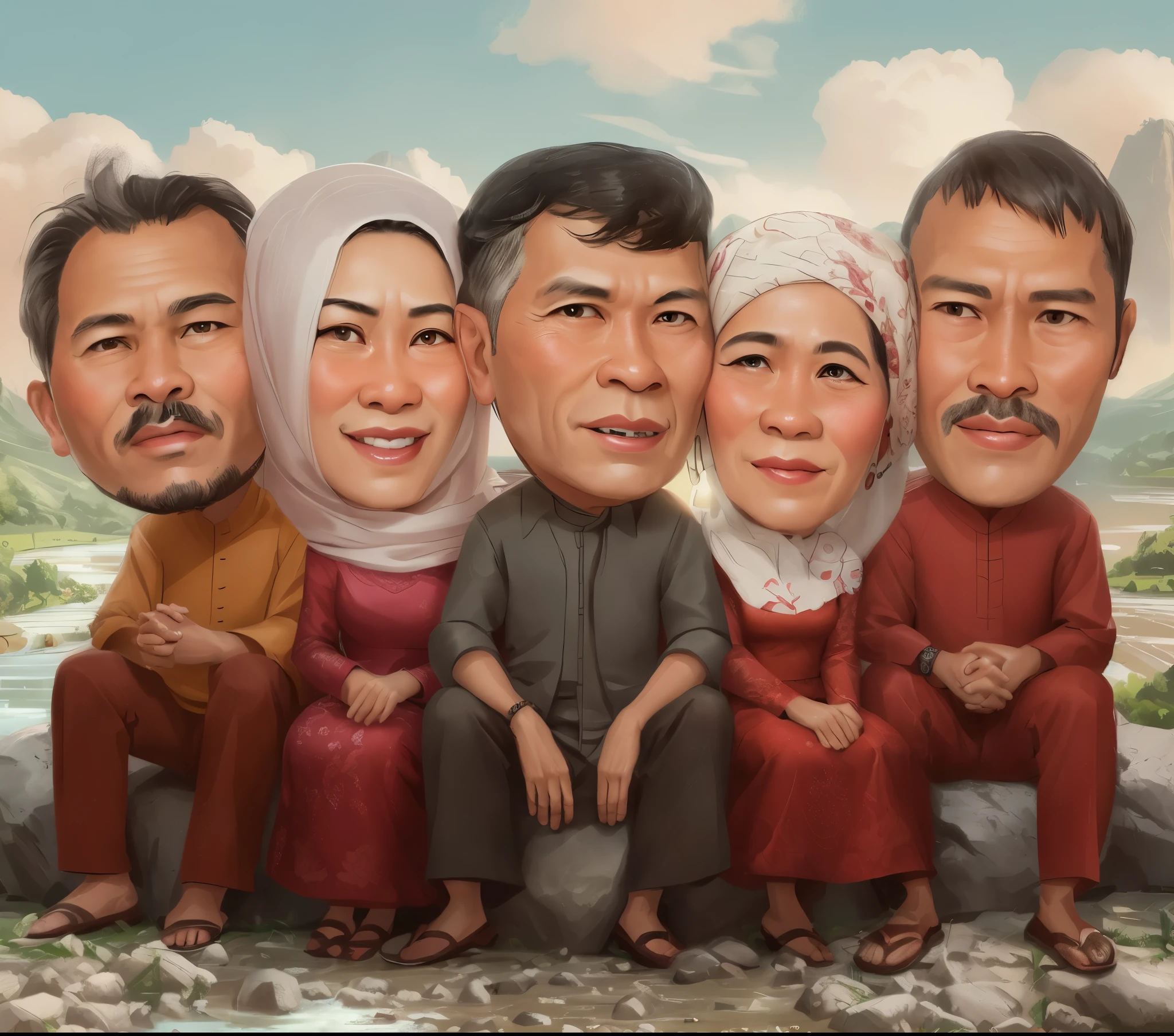 cartoon of a group of people sitting on a rock with a river in the background, caricature illustration, potrait, an indonesian family portrait, in cartoon style, caricature, cartoon digital art, family, caricature style, barong family, digital art cartoon, cartoon artstyle, cartoon art, classic portrait, family portrait, happy family, by Abidin Dino, cartoon portrait