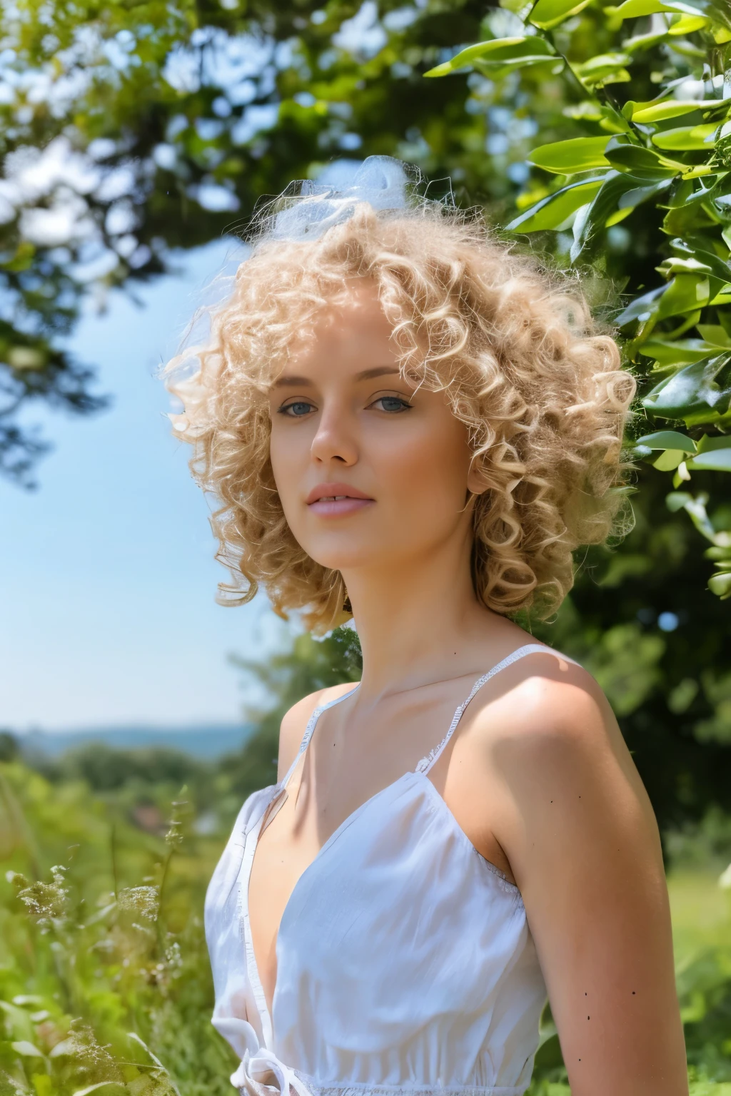 a beautiful blonde woman with curly hair, blue eyes, tanned skin, in summer clothes, beautiful nature scenery, very detailed, very realistic