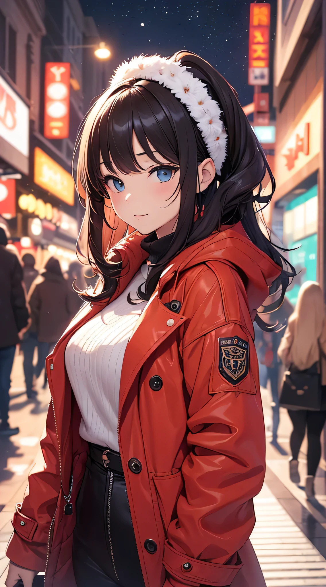 top-quality、Top image quality、masterpiece、teens girl((18year old、 Ager、Best Bust、Medium bust,wide open breast tea、light blue eyerest, Red hair、A slender,Large valleys、dye one's cheeks red、White duffel coat、Blue shirt、Black pants、Beautiful hairstyle)),hiquality、Beautiful Art、Background with((Night shopping street、Active people々々)))、masutepiece、depth of fields,a picture