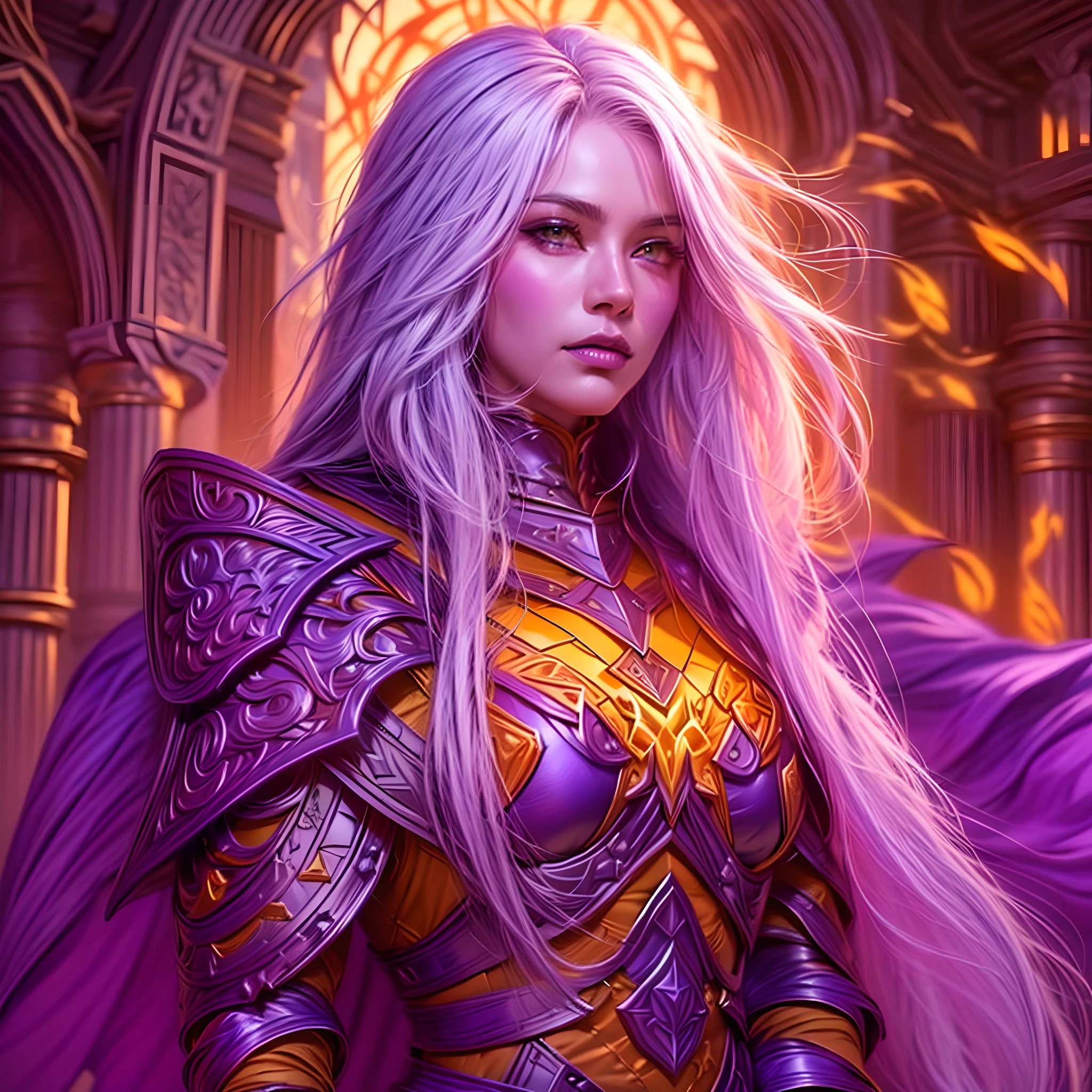 fantasy art, dnd art, RPG art, wide shot, (masterpiece: 1.4) portrait, intense details, highly detailed, photorealistic, best quality, highres, portrait a vedalken female (fantasy art, Masterpiece, best quality: 1.urple skin: 1.5)), intense details facial details, exquisite beauty, (fantasy art, Masterpiece, best quality) cleric, (purple skin: 1.5) purple skin female, (white hair: 1.3), long hair, intense green eye, (fantasy art, Masterpiece, best quality) ((no ears: 1.6)), armed a fiery sword red fire, wearing heavy (white: 1.3) half plate mail armor CM-Beautiful_armor wearing high heeled laced boots, wearing an(orange :1.3) cloak, wearing glowing holy symbol GlowingRunes_yellow, within fantasy temple background, reflection light, high details, best quality, 16k, [ultra detailed], masterpiece, best quality, (extremely detailed), close up, ultra wide shot, photorealistic, RAW, fantasy art, dnd art, fantasy art, realistic art