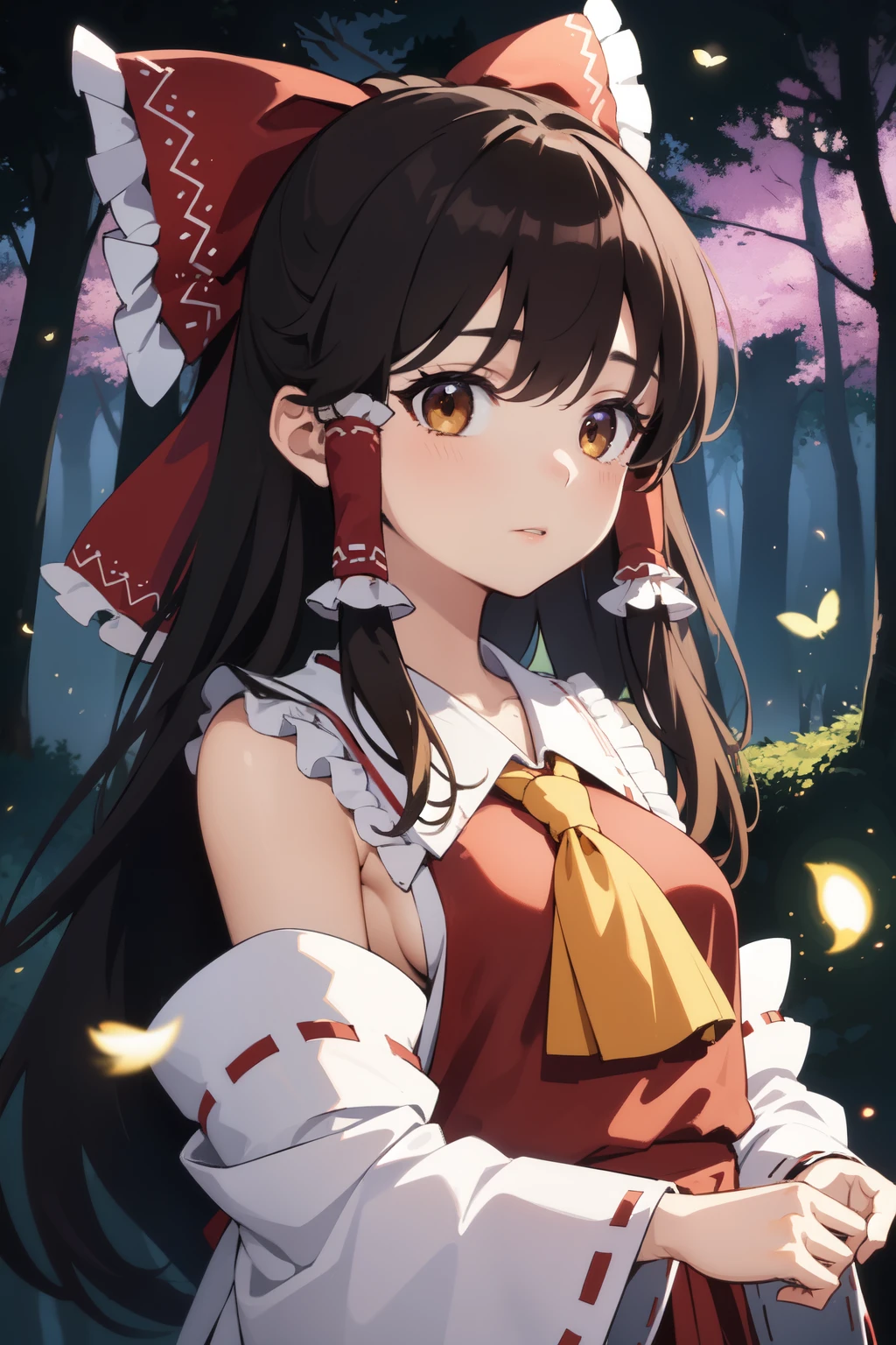 detailed background, masterpiece, best quality, 1girl, hakurei reimu, brown hair, hair tubes, hair ribbon, brown eyes, nontraditional miko, a forest full of purple and white trees, fireflies, water, purple theme, white theme, mystical, magical,