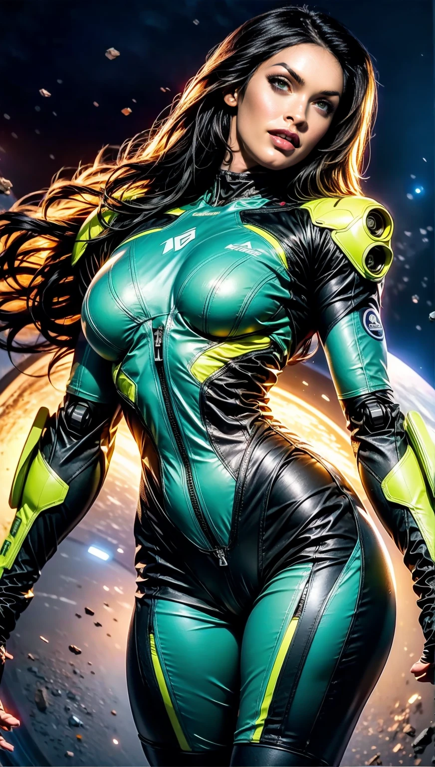 (1 girl), (megan fox:1.25), (skin tight cybernetic android mecha armor:1.25), (muscular female android:1.25), nijistyle, rfktr_technotrex, exploring planets, alien worlds, exotic locations, deep-space, unknown terrors, galactic nebulas, star studded cosmos, fcPortrait, HDR (High Dynamic Range), Ray Tracing, NVIDIA RTX, Super-Resolution, Unreal 5, subsurface scattering, PBR texturing, Post-processing, anisotropic filtering, Depth of field, Maximum clarity and sharpness, multilayer textures, specular and albedo maps, surface shading, Accurate simulation of light-material interaction, perfect proportions, Octane rendering, dual-tone lighting, ISO baixo, white-balance, rule of thirds, 8K RAW, sub-pixel convolution, luminescent particles,