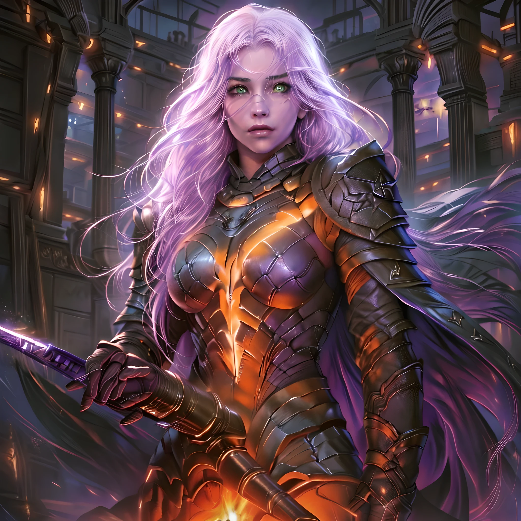 fantasy art, dnd art, RPG art, wide shot, (masterpiece: 1.4) portrait, intense details, highly detailed, photorealistic, best quality, highres, portrait a vedalken female (fantasy art, Masterpiece, best quality: 1.urple skin: 1.5)), intense details facial details, exquisite beauty, (fantasy art, Masterpiece, best quality) cleric, (purple skin: 1.5) purple skin female, (white hair: 1.3), long hair, intense green eye, (fantasy art, Masterpiece, best quality) ((no ears: 1.6)), armed a fiery sword red fire, wearing heavy (white: 1.3) half plate mail armor CM-Beautiful_armor wearing high heeled laced boots, wearing an(orange :1.3) cloak, wearing glowing holy symbol GlowingRunes_yellow, within fantasy temple background, reflection light, high details, best quality, 16k, [ultra detailed], masterpiece, best quality, (extremely detailed), close up, ultra wide shot, photorealistic, RAW, fantasy art, dnd art, fantasy art, realistic art