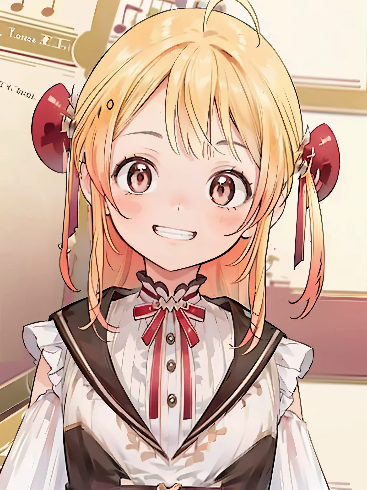 Blonde, music, red eyes, beautiful, upper body, ((cheeky grin)), on stage, singing, blush, dangerous face,