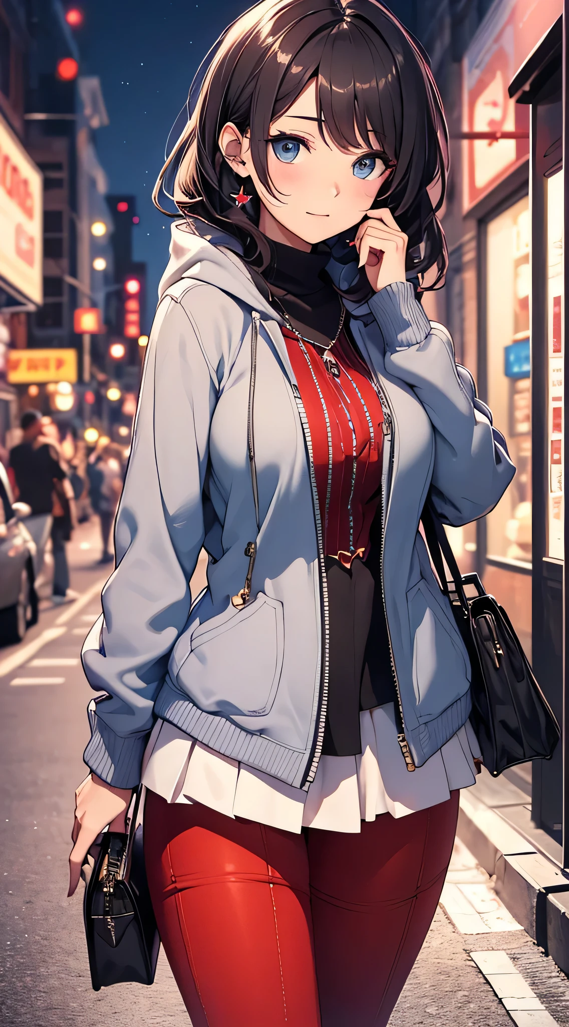 top-quality、Top image quality、masterpiece、teens girl((18year old、 Ager、Best Bust、Medium bust,wide open breast tea、light blue eyerest, Red hair、A slender,Large valleys、dye one's cheeks red、White duffel coat、Blue shirt、Black pants、Beautiful hairstyle)),hiquality、Beautiful Art、Background with((Night shopping street、Active people々々)))、masutepiece、depth of fields,a picture