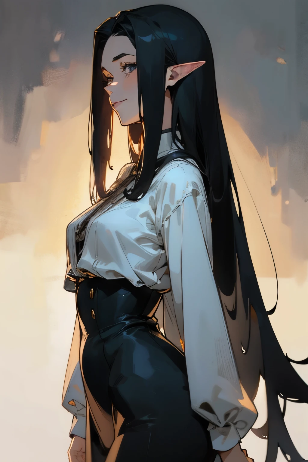 solo, (sophisticated victorian dress:1.0), ((masterpiece)),((high resolution)),((best quality)), extremely fine and beautiful, super fine illustration, (realistic skin), (insanely detailed anime eyes), vivid and beautiful, shocking sensation, incredibly detailed, beautiful detailed girl, supple breasts, front view, facing at viewer, black hair, (elf), medium long elf ears, (see-through:0.5), covered, ((black hair)), (very long hair), profile, smiling, small plump breasts, plump thighs, wide hips, movie lighting, perfect shadow, realistic lighting shaded