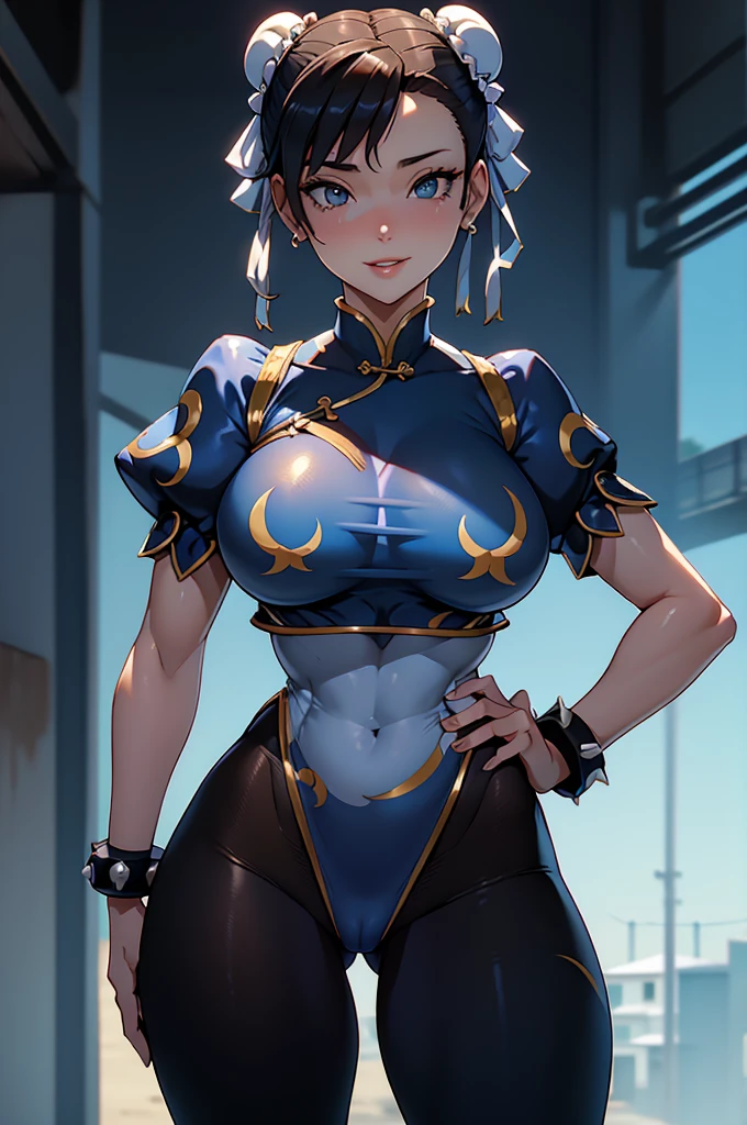 Chun-Li,linda jovem com uniforme azul classico, coxas grossas, belas coxas sexy,um pouco muscolosa, cabelo preso, black tights,cidade chinesa a tarde, Standing alone.solo, roupa azul, saia azul, olhar serio, belos olhos, belo rosto bem detalhado, olhos e sobrancelhas detalhado.olhos castanhos escuros, belo sorriso, risada linda, feliz