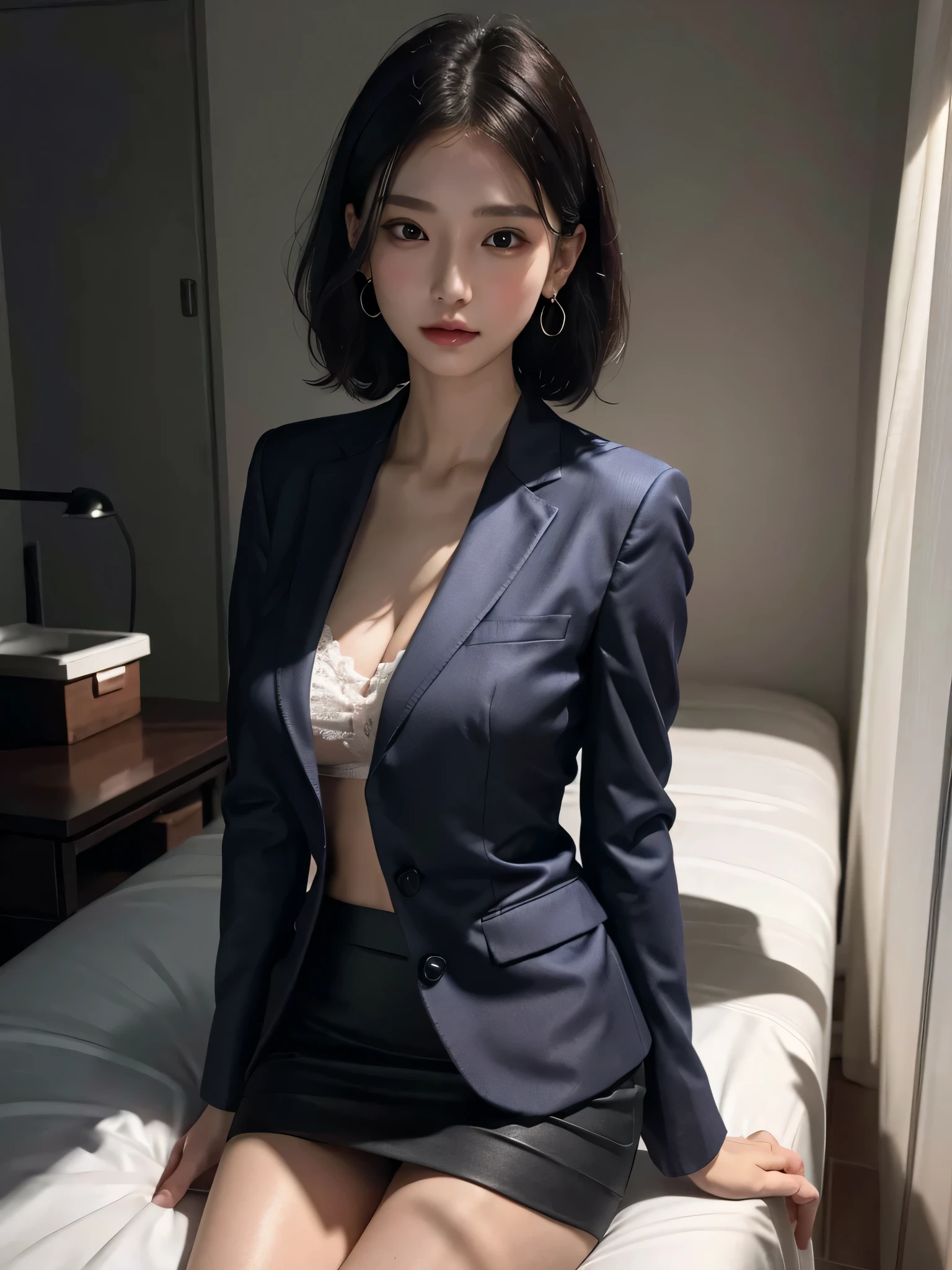 absurderes, Raw photo, Extremely delicate and beautiful, masutepiece, Best Quality, Ultra High Resolution, 16 K, hyper realisitic, Ultra-detailed, Perfect Anatomy, Ultra-detailed細なスキン, Perfect figure, Very detailed CG 8k wallpaper, in her 20s, Very slim body, Narrow waist, Very small head, Very small face, Delicate facial features, tear moles, Earring, thin legs, (very massive round chest), Girls, Full body shot, Short hair, Wavy Hair, ((Business Suit)), ((Blouse)), Skirt,