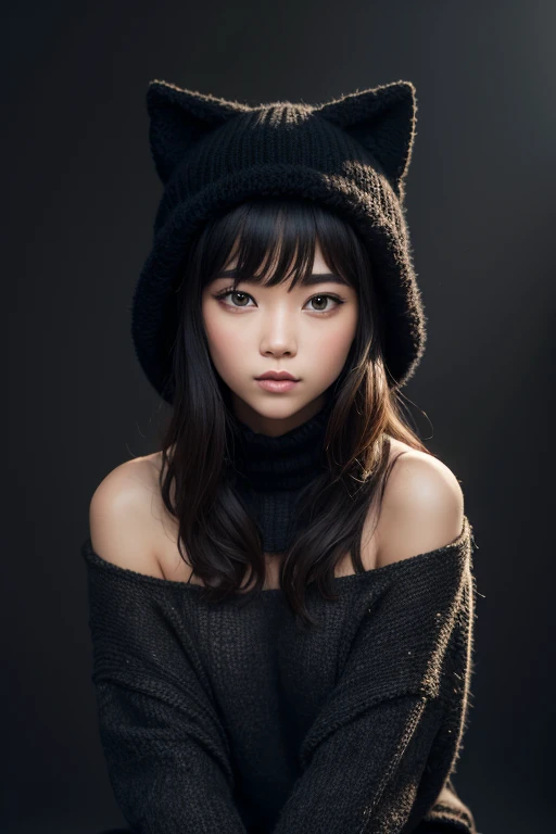 Black cat, sitting facing the camera, wearing a knitted fur hat on all four heads, against a monochrome background, the knitted pattern of the sweater is shown in ultra-fine detail, the sharpness of the sweater contrasts to emphasize the soft fur texture, studio lighting enhances feline features,