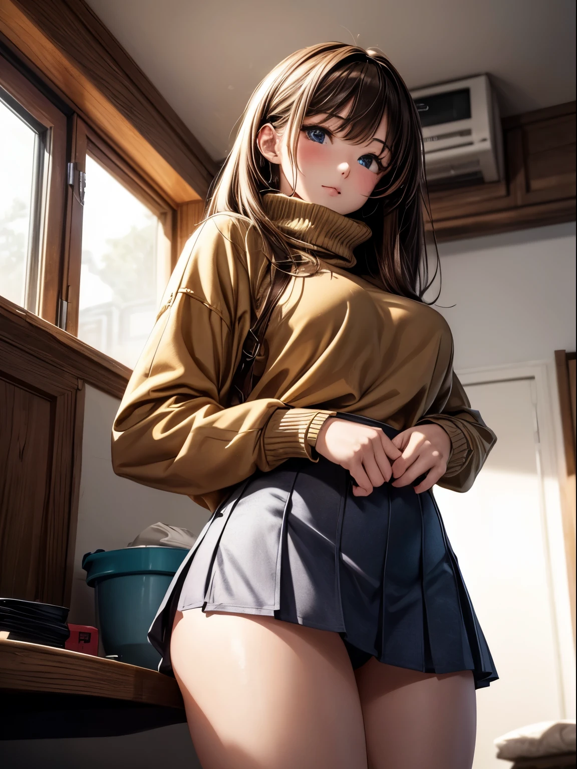 ((masterpiece)), ((best quality)), (ultra-detailed), ((extremely detailed)), 4K, (8K), best quality, (beautiful), anime style, upper body, look up from below, full body focus, in the Photography Studio, a cute girl, 1girl, solo, (Down jacket, turtleneck, Mini skirt), beautiful light brown hair, ((beautiful eyes)), medium hair, buttocks, ashamed, show one's panties,lens flare, shiny-glistening, gleaming