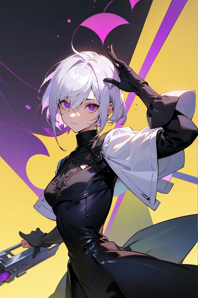 A YoRHa android boy with olive skin, purple eyes and white hair.