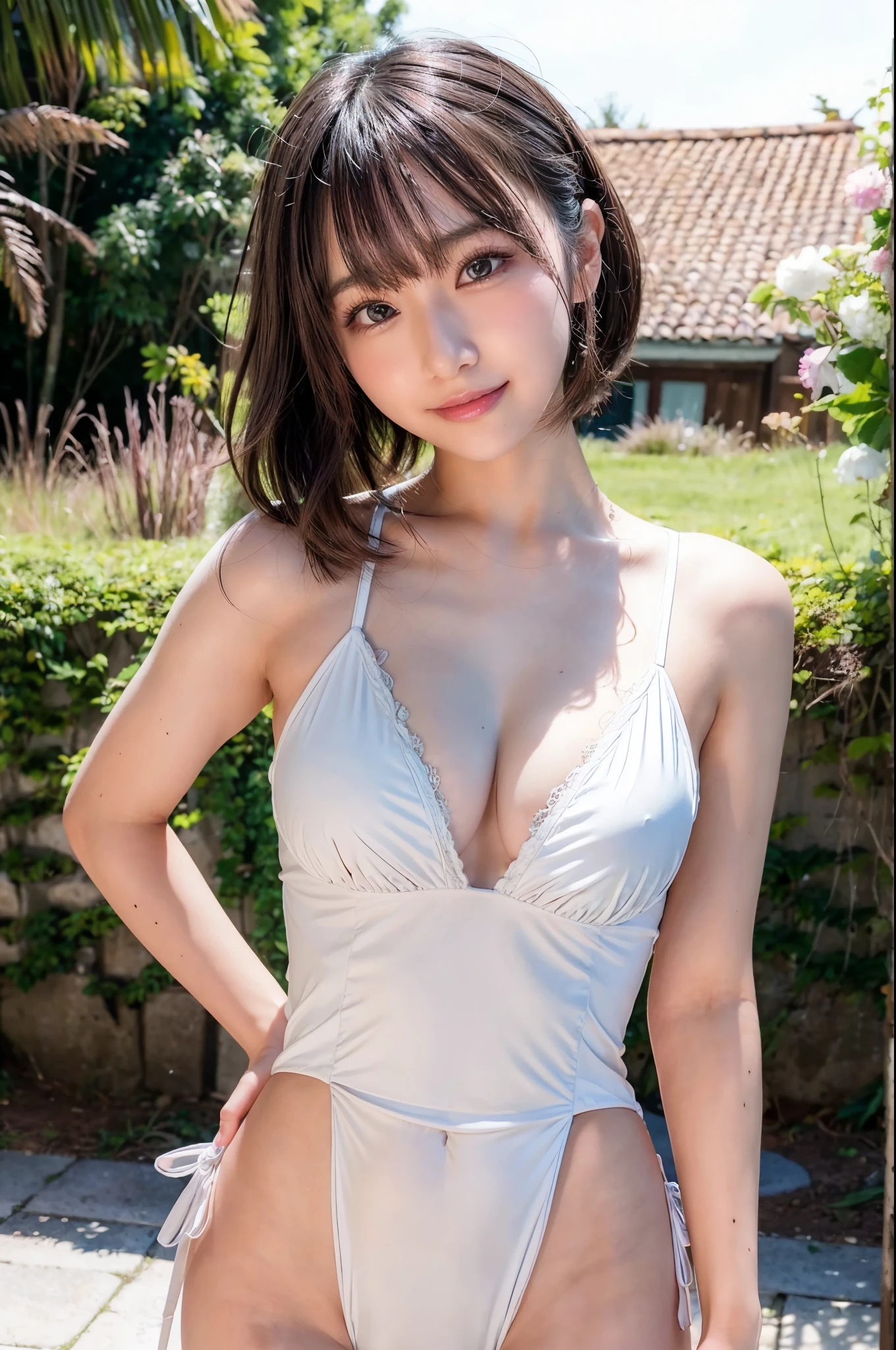 ulzzang -6500-v1.1, (Raw photo:1.2), (Photorealsitic), a beautiful detailed girl, (Real: 1.4), ighly detailedな目と顔, Beautifully detailed eye fluorescent pink swimsuit)., Bodysuits、Leotard、walking on beach、huge filesize, hight resolution, ighly detailed, top-quality, [​masterpiece:1.6], illustratio, ighly detailed, nffsw, finely detail, top-quality, 8k wallpaper, Cinematographic lighting, selfee、Instagram、1girl in, , perfect body type, cute droopy eyes beautiful big eyes、Pieckfinger, ((masutepiece)), Best Quality, 1girl in, eye shadow, Upper body, Portrait, ((FULL BODYSHOT:1.6))、(Very affectionate smile:1.2)、I keep my hair up and short、turned around、