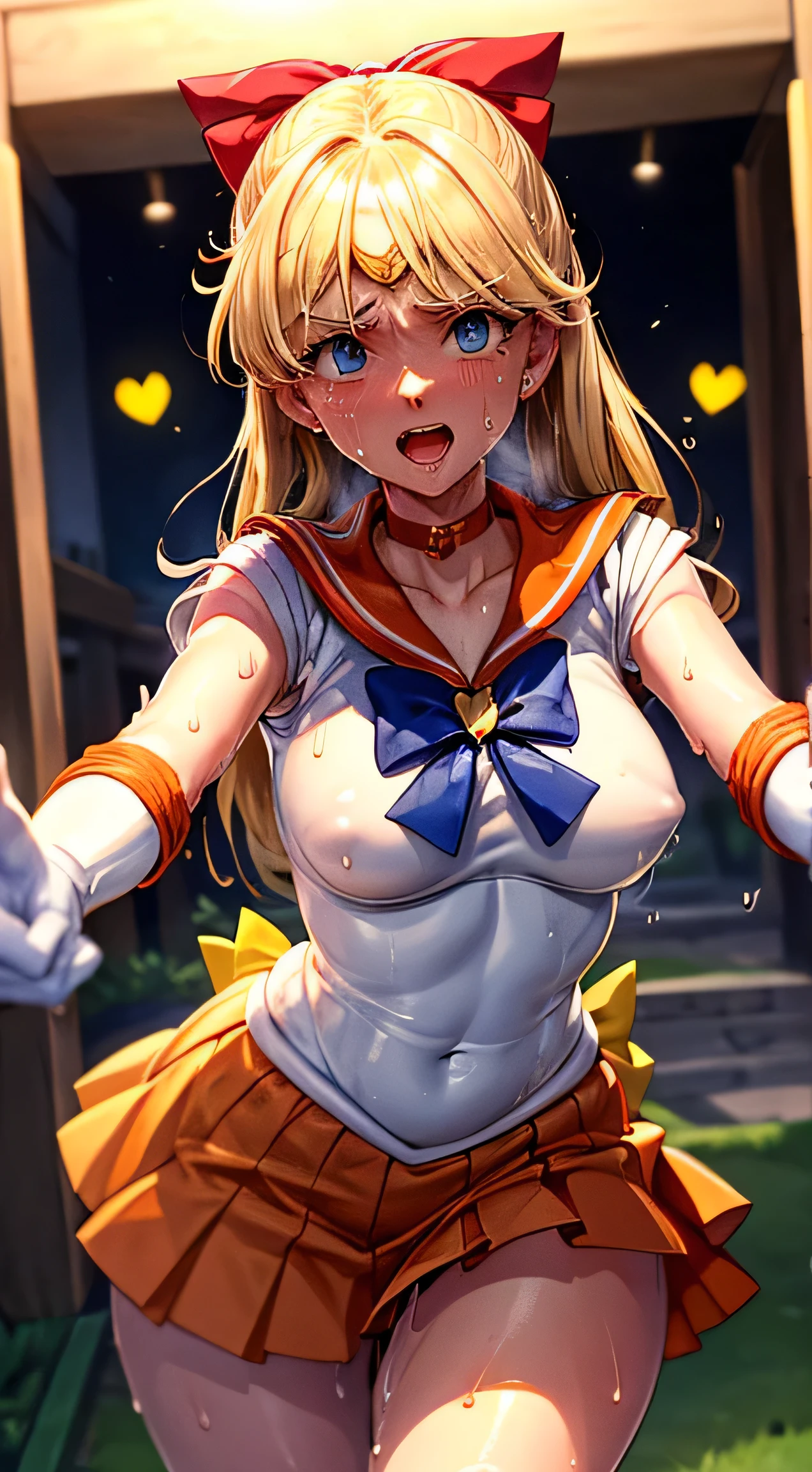 ​masterpiece, top-quality, super precision, very extremely beautiful, masutepiece, Best Quality, hight resolution, SV1,  (((((Mass sweat))))), Sailor Senshi Uniform, Orange sailor collar, Orange skirt, elbow groves, tiarra, Pleated skirt, orangechoker, Red ribbons, White Gloves, Cheerful smile, Heavy breathing, Red face, Open mouth, blondehair, Slimed, Pointing, during night, starrysky, Lawn Park, Anatomically correct hand, heart mark, small tits