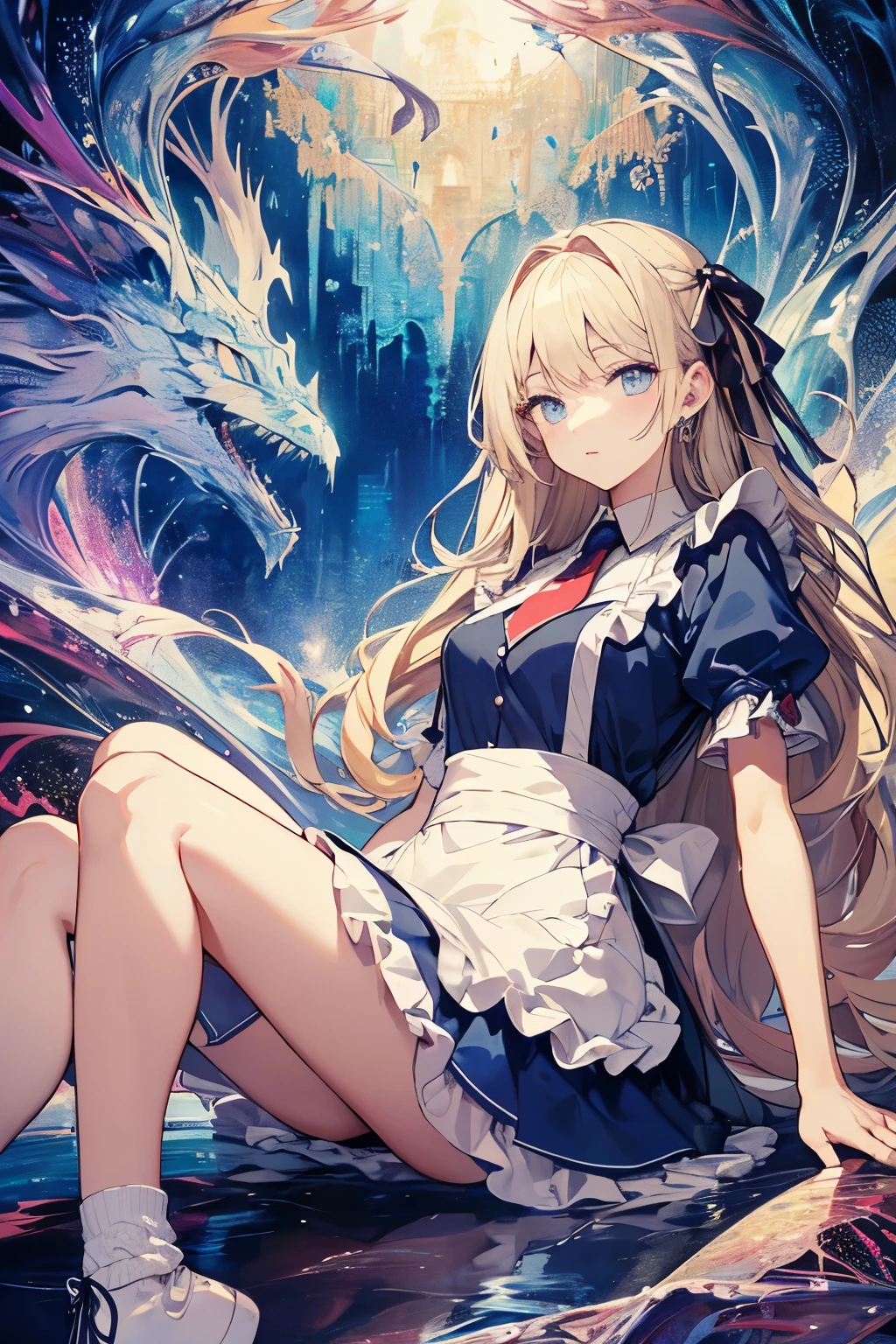 (masuter piece、top-quality、Mystical、Beautifully Aesthetic、offcial art、Impresionismo、von gogh:1.2)、(1 girl in:1.3)、(Fractal Art:1.4)、shinny skin、patterns、(alice in the wonderland:1.2)、(bunny rabbit、Siamese cat、PlayingCards、tea cup、pocket watch:0.8)、(Tie your hair with a ribbon、Blue Dress、a miniskirt、beauty legs、White Apron、white sock、platinum-blonde、Blue eyes)、Exotic wallpapers、highly colorful、Abstract background、Fantastical