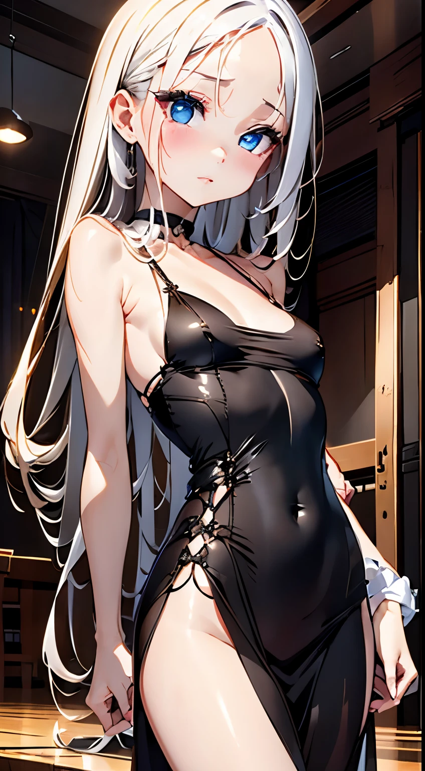 RAW shooting、Photorealsitic、masuter piece、one girls、Smaller face、a baby face、Very cute、Slender and beautiful、((small tits:1.2))、7Head and body、Meticulously drawn eyes、Attractive eyes、Twin-tailed、little giant、a choker、fine sequin dress、champagne gold dress:1.5、Chess gangte sleeveless dress with bold opening、Anguished poses、Luxurious dance hall、dimly lit dance hall、small title background