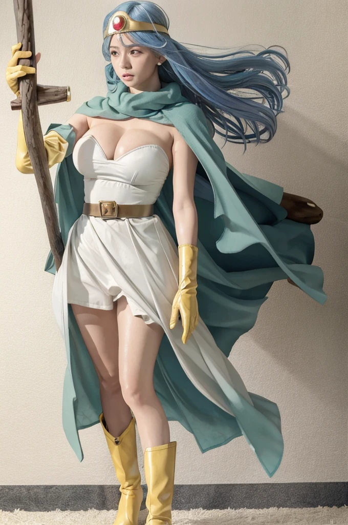 masutepiece, Best Quality, Ultra-detailed, Live-action adaptation, sage_(DQ3), 1girl in, (holding A staff, A staff:1.3), Solo, Long hair, Blue hair, circlet, Red Eyes, Normal udder, yellow gloves, White Dress, Belt bag, Cape, long boots, cleavage, Bare shoulders, Underwear, Full body, tussock, wind lift,  Background, white Background、