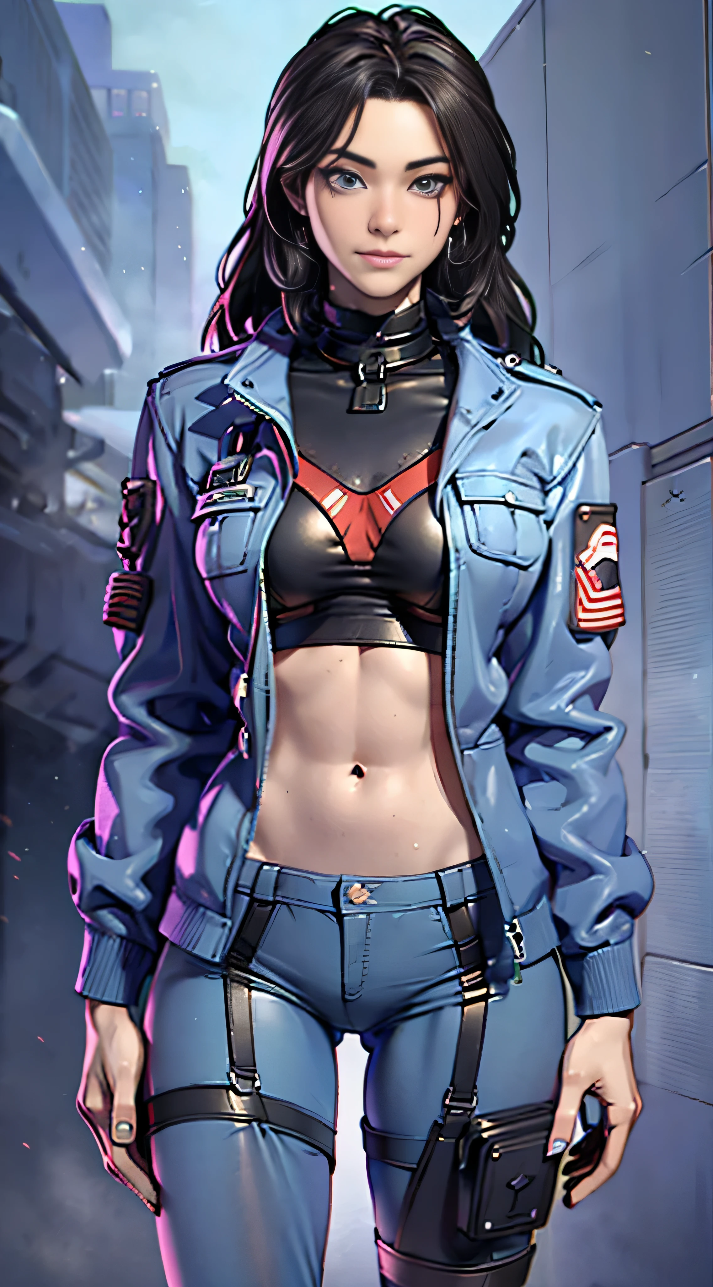 11:23(((Best quality at best: 1.4))),(Unbeatable masterpiece), (hyper HD),(Hyper-realistic 8k CG)、(one hand on hip gesture),(lightblue hair) ((( body))), (((1 girl in))), 25-year-old American soldier with perfect body,,Beautiful and well-groomed face,muscular body:1.2,Solid royal blue jacket with details, (Pictures from head to thighs), Complex equipment, purpleish color,long trousers,The clothes inside are dark,Clothes with armored metal electronic parts, Poison tattoos )