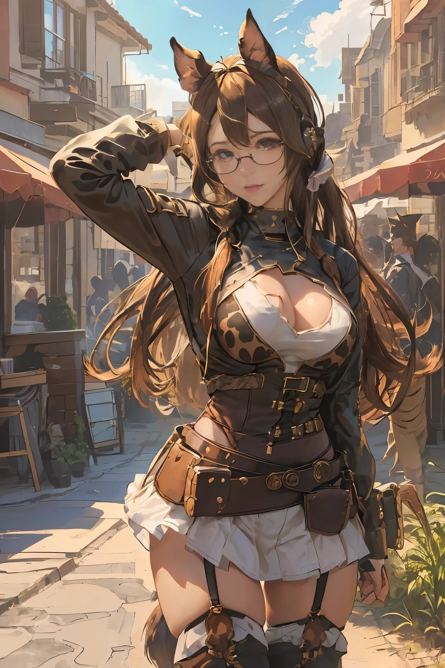 Anime Girl, Cowgirl costume, Colossal tits, Brown hair, perfectly proportions:1.3, ((Long hair)), (eye glass:1.3), (hairstyle that is not'Do not show ears:1.4, Animal ears:1.6), Perfect Anatomy