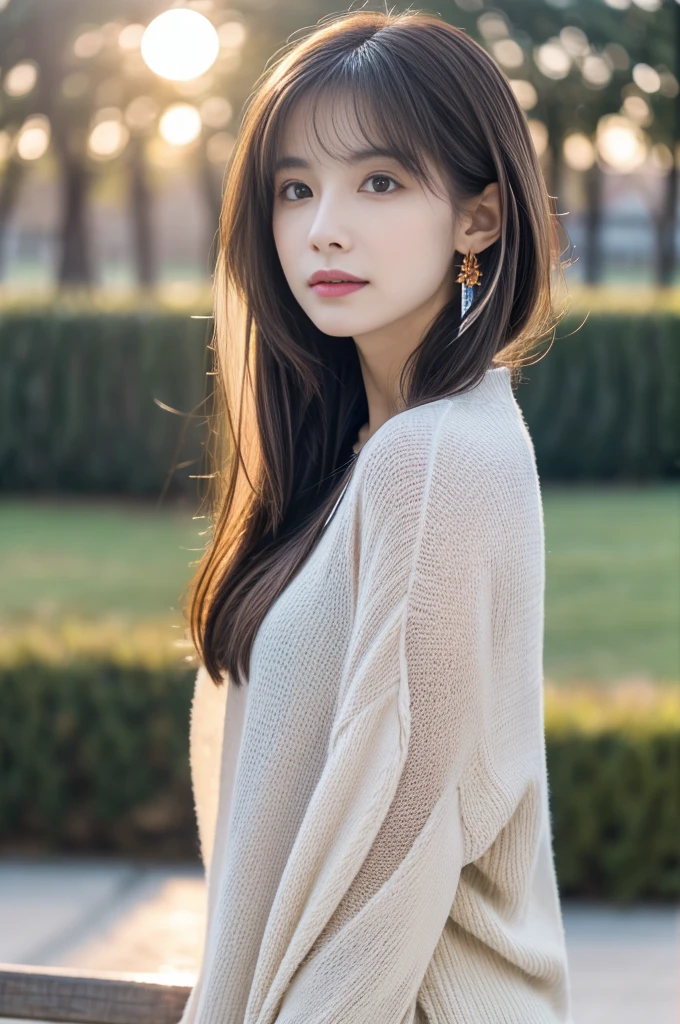 (Photoreal Stick:1.5, masutepiece:1.5, 8K), (top-quality, ​masterpiece, 超A high resolution), (Face Sharp Focus:1.45), Professional camera work:1.25, Highly detailed skin and facial texture:1.3, Grow Light Effect, The ultra-detailliert:1.3, 1girl in, Fair skin, (Sense of clarity:1.5), Small face, Extremely beautiful face:1.4, Sense of clarityを感じる目:0.9, looking distantly, Enraptured look:1.0, i love you completely:0.8, slightly open mouth:0.4, Sense of clarityを感じる口当たり:0.7, 二重まぶた, Dark brown medium hair, necklace and earrings, looking at viewert, (sunrises, Light sunlight:1.3, sunlight shining from behind:1.3, Pale sunlight spreads across the screen:1.5)