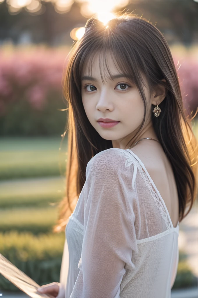 1womanl, up of face, mideum breasts, light brown hair, Blunt bangs, hair behind ear, hair over shoulder, Long hair, slender body shape, Ultra Fine Face, Thin face, Delicate lips, Beautiful eyes, thin blush, eyes are light brown, perfect glossy skin, flawless skin, Glistening sweat,View here, Ultra-thin hands, Ultra-fine fingers, best ratio four finger and one thumb, (realisitic:1.3), Finger Extensions, See-through white blouse. White beret,, Broad-leaved forest, One-person viewpoint, Fuji Film, F/1.2, 8K, masutepiece, nffsw, Super Detail, High quality, Best Quality, hight resolution,