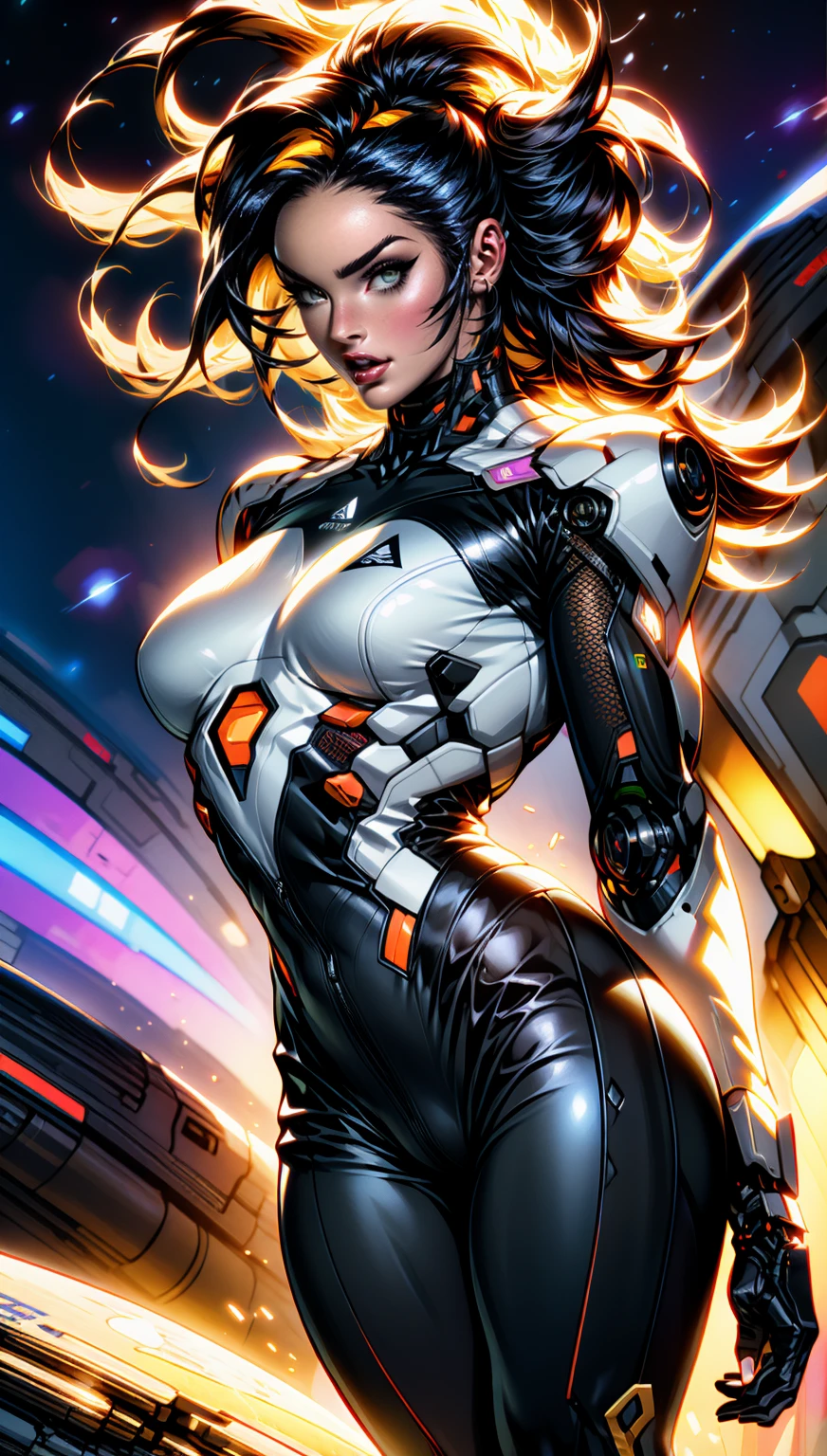 (1 girl), (megan fox:1.25), (skin tight cybernetic android mecha armor:1.25), (muscular female android:1.25), nijistyle, rfktr_technotrex, exploring planets, alien worlds, exotic locations, deep-space, unknown terrors, galactic nebulas, star studded cosmos, fcPortrait, HDR (High Dynamic Range), Ray Tracing, NVIDIA RTX, Super-Resolution, Unreal 5, subsurface scattering, PBR texturing, Post-processing, anisotropic filtering, Depth of field, Maximum clarity and sharpness, multilayer textures, specular and albedo maps, surface shading, Accurate simulation of light-material interaction, perfect proportions, Octane rendering, dual-tone lighting, ISO baixo, white-balance, rule of thirds, 8K RAW, sub-pixel convolution, luminescent particles,