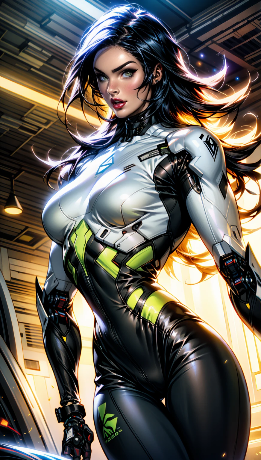(1 girl), (megan fox:1.25), (skin tight cybernetic android mecha armor:1.25), (muscular female android:1.25), nijistyle, rfktr_technotrex, exploring planets, alien worlds, exotic locations, deep-space, unknown terrors, galactic nebulas, star studded cosmos, fcPortrait, HDR (High Dynamic Range), Ray Tracing, NVIDIA RTX, Super-Resolution, Unreal 5, subsurface scattering, PBR texturing, Post-processing, anisotropic filtering, Depth of field, Maximum clarity and sharpness, multilayer textures, specular and albedo maps, surface shading, Accurate simulation of light-material interaction, perfect proportions, Octane rendering, dual-tone lighting, ISO baixo, white-balance, rule of thirds, 8K RAW, sub-pixel convolution, luminescent particles,