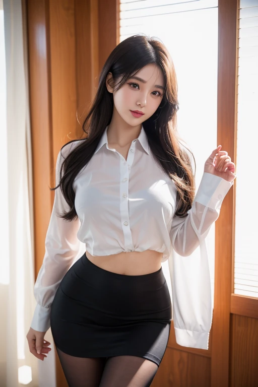 Extremely detailed CG unity 8k wallpaper、quality、ultra - detailed、masterpiece、Realistic、photoreali、Sexy idol takes photos wearing ultra-thin fabric see-through silk shirt, Strictly Wearing Transparent Silk Shirt, Skirts and thighs、(Wear pantyhose、Super realistic pantyhose), nipple play_north african free trade area, NSFW,wearing a strict business suit, Exquisite gravure-printed idols, lusty smile、Japan goddess, Japanese model, wearing a strict business suit, Young and beautiful gravure idol, Young gravure idols, Fine thick silk shirt, Wear a shirt, Realistic年轻凹印偶像, oppai、realistic skin textures、Glow skin、exposing thighs!!!Hand holding