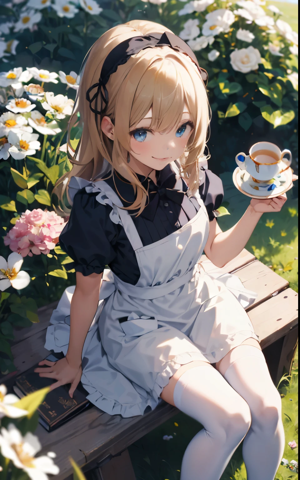 detailed, ultra-detailed, masterpiece, 8k wallpaper,(realistic:1.2),
1girl, thighhighs, blonde hair, solo, cup, sitting, flower, long hair, teacup, dress, blue eyes, white legwear, teapot, apron, hairband, tea, blue dress, shoes, short sleeves, saucer, puffy sleeves, white flower, from above, book, black footwear, puffy short sleeves, plate, bow, looking at viewer, smile,grass, flower, from above,
