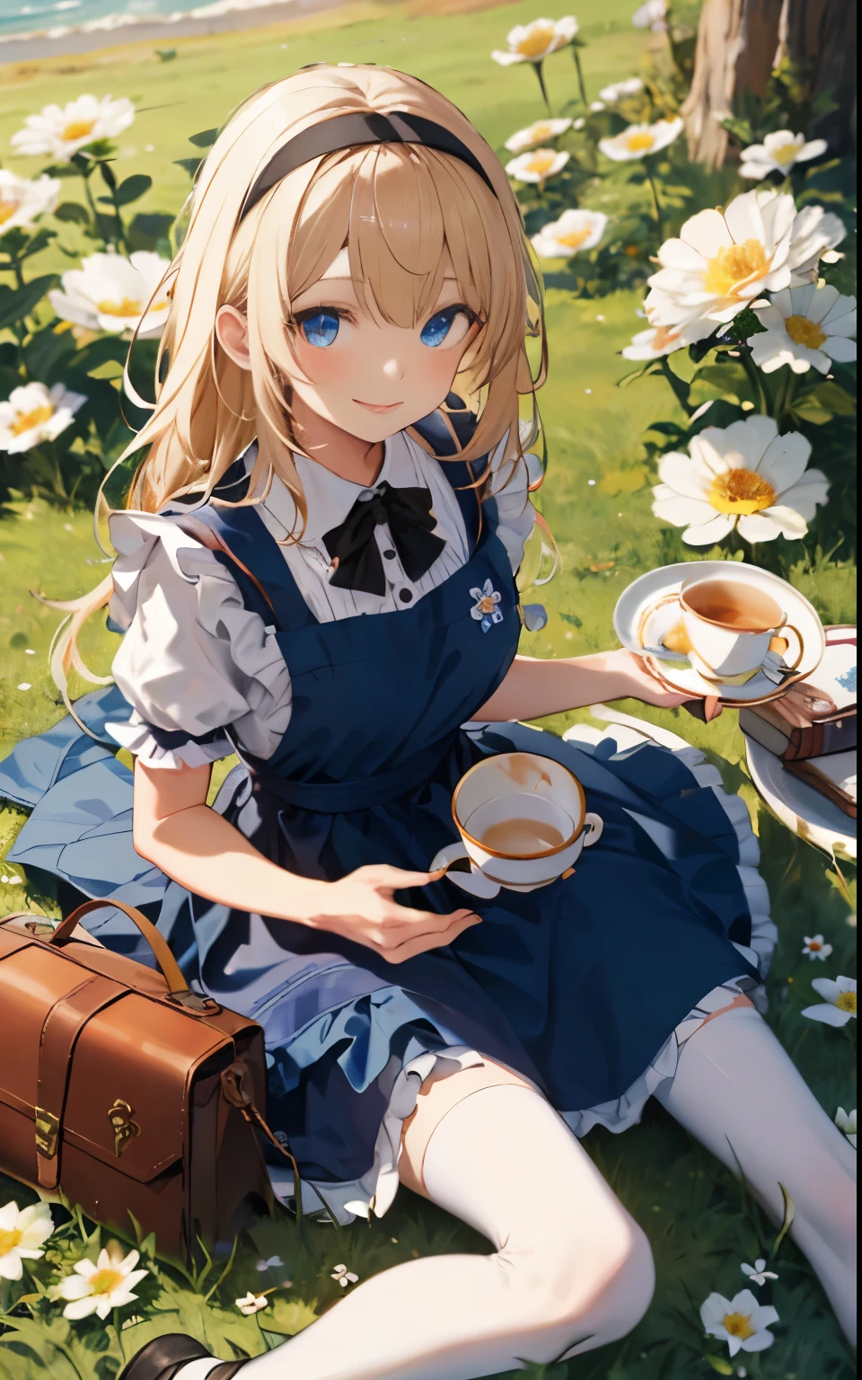 detailed, ultra-detailed, masterpiece, 8k wallpaper,(realistic:1.2),
1girl, thighhighs, blonde hair, solo, cup, sitting, flower, long hair, teacup, dress, blue eyes, white legwear, teapot, apron, hairband, tea, blue dress, shoes, short sleeves, saucer, puffy sleeves, white flower, from above, book, black footwear, puffy short sleeves, plate, bow, looking at viewer, smile,grass, flower, from above,