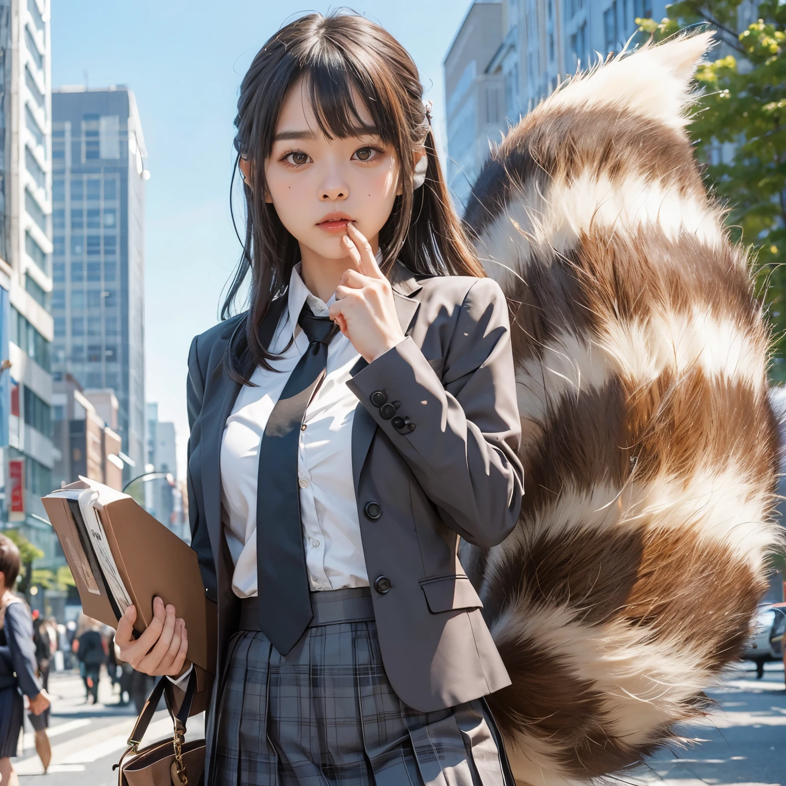 A woman wearing a pleated skirt suit with a raccoon tail, anthropomorphic raccoon, けもの, realistic, a picture, top-quality, Surprised face , Troubled face