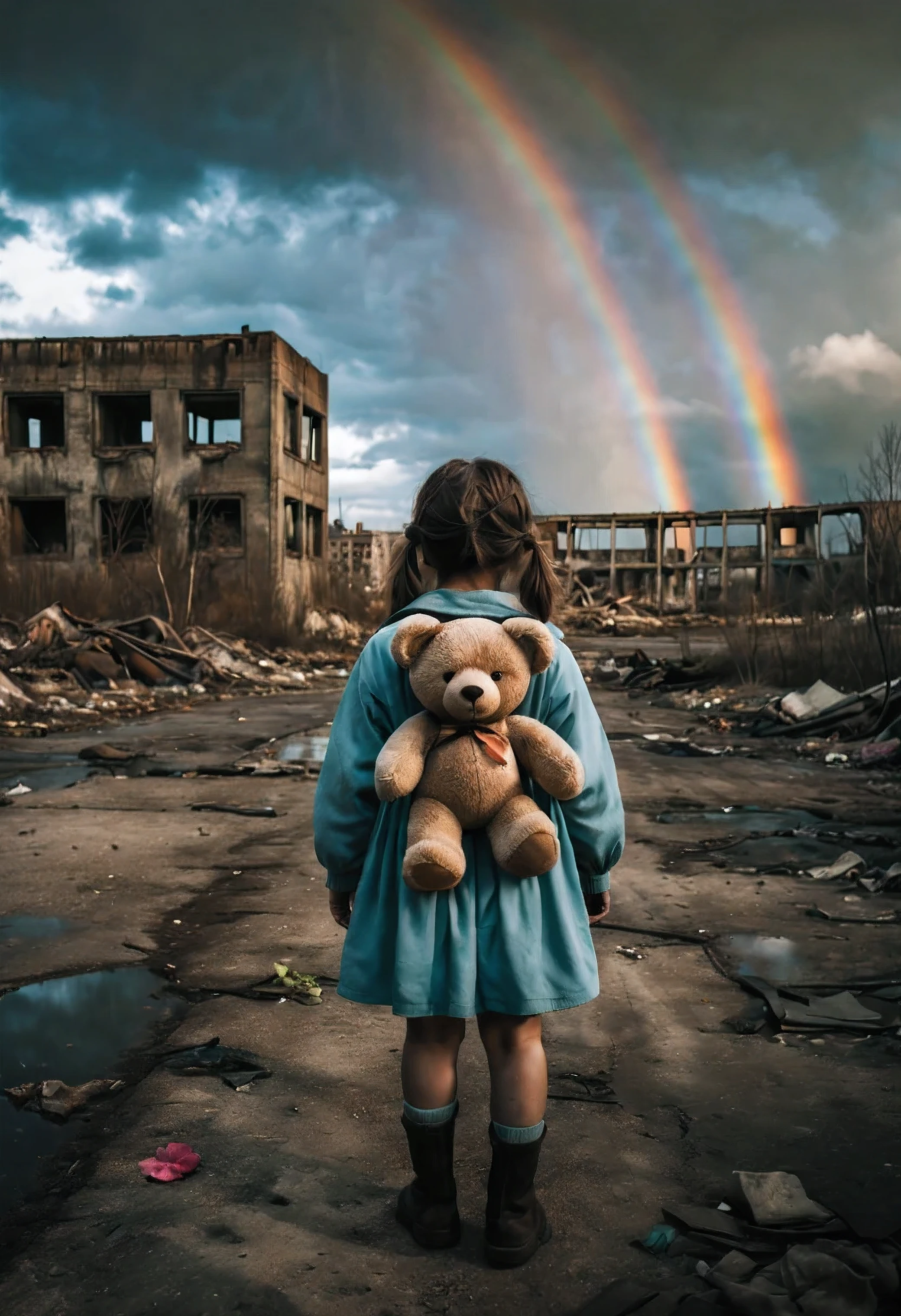 A lonely girl, holding a teddy bear  , walks towards a(( Rainbow)) in a nuclear wasteland. The once thriving city now lies in ruins, with crumbling buildings and abandoned vehicles scattered amidst the desolation. Nature has started to reclaim the territory, with(( Flowers growing through cracks in the concrete)) . The atmosphere is eerie, with a sense of loneliness and despair hanging in the air. The scene is bathed in a dark and moody light, emphasizing the post-apocalyptic setting. The girl's expression reflects her loneliness and the weight of the world she carries on her shoulders. The teddy bear she clings to provides her with some comfort in this unforgiving world. The colors are muted, with a desaturated and faded palette, further enhancing the desolate mood of the scene.