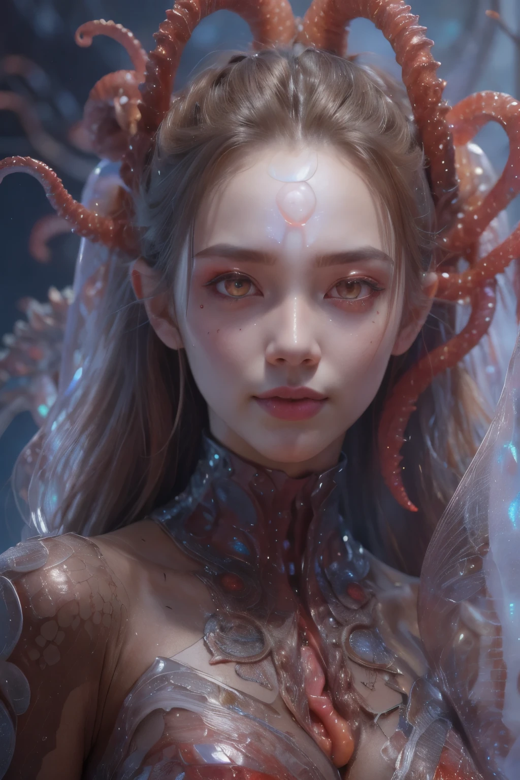 Portrait, (beautiful female alien:1.2), (There is a female genital-like organ in the middle of the forehead..:1.8), (The most beautiful face in the history of the universe:1.2), (scarlet eyes:1.6), (Translucent skin:1.8), an evil gaze that seduces, (red eyes:1.5), Lick one'Stick your tongue forward'the prey of, Full body like, (bio luminescent:1.2), (Smile wickedly:1.3), (sexypose:1.5), alien, No humans, cells are fused, (Lots of translucent tentacles:1.1) (Translucent skin:1.3), extraterrestrial, cell, bio image, 魅惑的, Best Quality, 8K,4K_quality, High Definition, Dramatic Lighting, masutepiece:1.5,cinematic quality, detail up, (Intricate details:1.2), High resolution, High Definition, drawing faithfully, (Thick eyebrows:1.2), Beautiful eyes with fine symmetry, (Ultra detailed eyes:1.2),(Highly detailed face and eyes:1.2), (High-resolution red-eye:1.4), Intimate face, (Super detailed skin quality feeling:1.4), Perfect Anatomy, (Beautiful toned body:1.5), (Moist skin:1.2), No makeup, (dark circles:1.1), long canines, cinematic drawing of characters, ultra high quality model, cinematic quality, detail up, (Intricate details:1.2), High resolution, High Definition, drawing faithfully, Official art, Unity 8K wall , 8K Portrait, Best Quality, Very High resolution, ultra detailed artistic photography, midnight aura, unreal enginee 5, Ultra Sharp Focus, art by alberto seveso, ArtGerm, Roisch, intricate artwork, best quality, masutepiece, ultra High resolution, (photos realistic:1.4), Ultra-realistic realism, dream-like, nautilus, Creation of fantasy, Snail, Dream Snail, biopunk nautilus, Thrilling color schemes, Ultra-realistic realism, seductively smiling, Blue tentacles