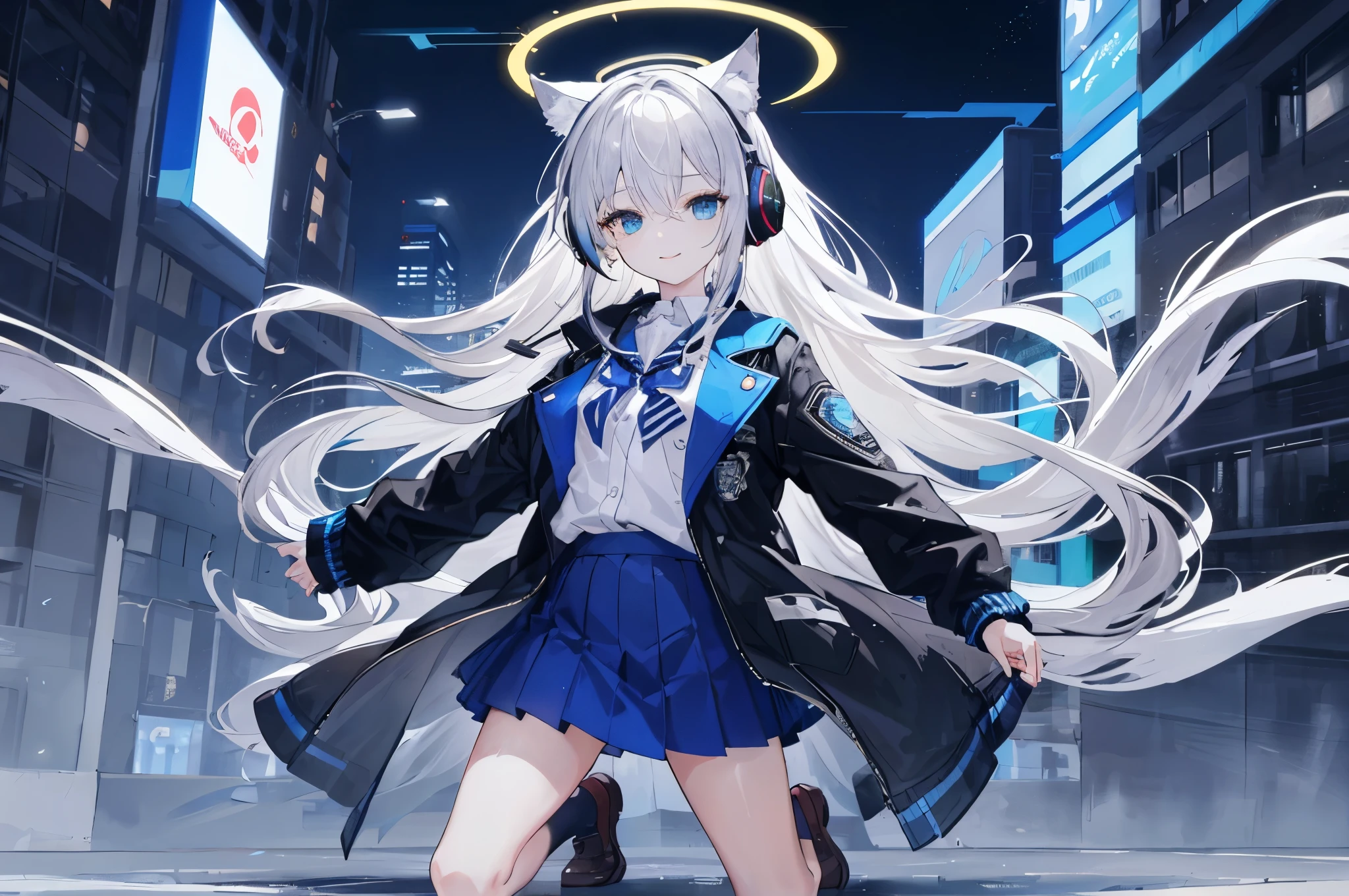 ((Best quality at best)), ((tmasterpiece)), (detailed), s the perfect face,The is very detailed,tmasterpiece,Best quality at best,offcial art,extremely detaild的 CG unified 8k wallpapers,Dynamic eyes, delicate full body portrait, solo person, schoolgirls, Trendy style, Long silver-gray hair, Long hair shoulder length, Futuristic blue halo on head, Face the lens, (M open legs:1.1), futuristic clothing, Mechanical, ((Dark blue skirt with bright blue lace)), ((Black jacket with blue stripes)), JK skirt, With cat ear headphones on the head, ssmile, The background is the city street, ((watered eyeright eyes