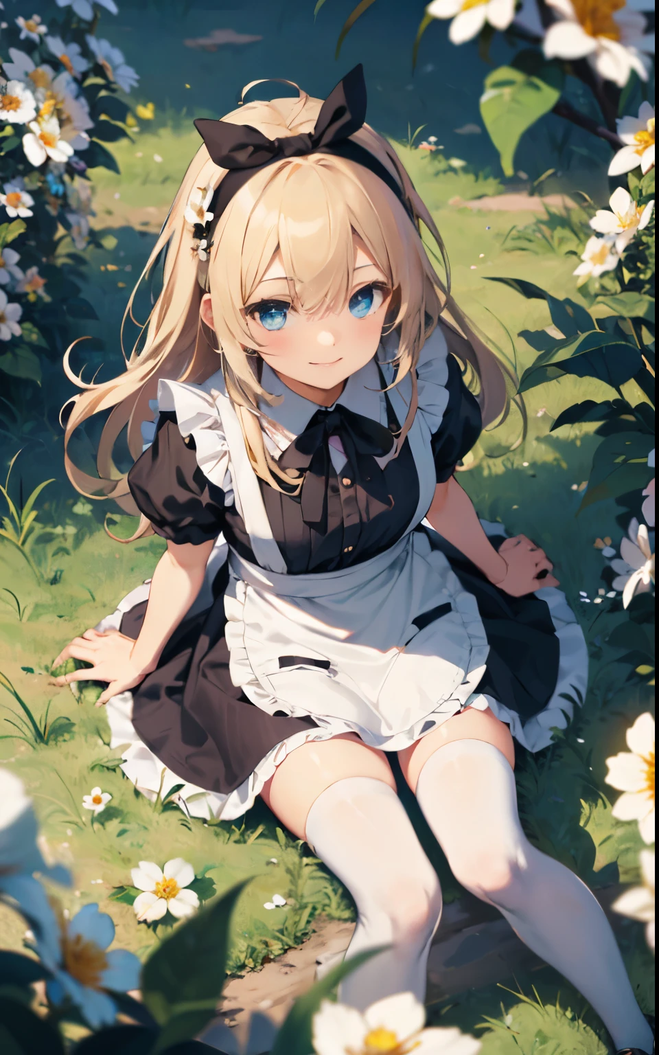 Perfect quality, good quality, High resolution, Ultra-high resolution, 1 slender girl, full body, Legs spread and up, very slender Thigh, blue and white color thigh high striped socks, 12 years, Dazed open mouth, Very large breasts, very baby face, Shiny-clear-glossy-platinum-blonde-super-long-straight-hair, dress of Alice in Wonderland, Frilled blouse, White apron, Blue ruffled dress, Alice in Wonderland, Perfect beautiful girl, A young face that is cute and beautiful down to the last detail, A beautiful porcelain-like face,  Slender tall, White and glowing skin, Beautiful very large clear light blue eyes, Delighted Eyebrows, Happy and joyful expression, Surprised and kind eyes,  Bans, Fresh grass background, Without makeup,  Clothes that emphasize large breasts, Clothes that can only be removed from the chest, Breasts are fully exposed, elect nipples, The crotch is visible, The back of the thigh is visible, Panties pull, 