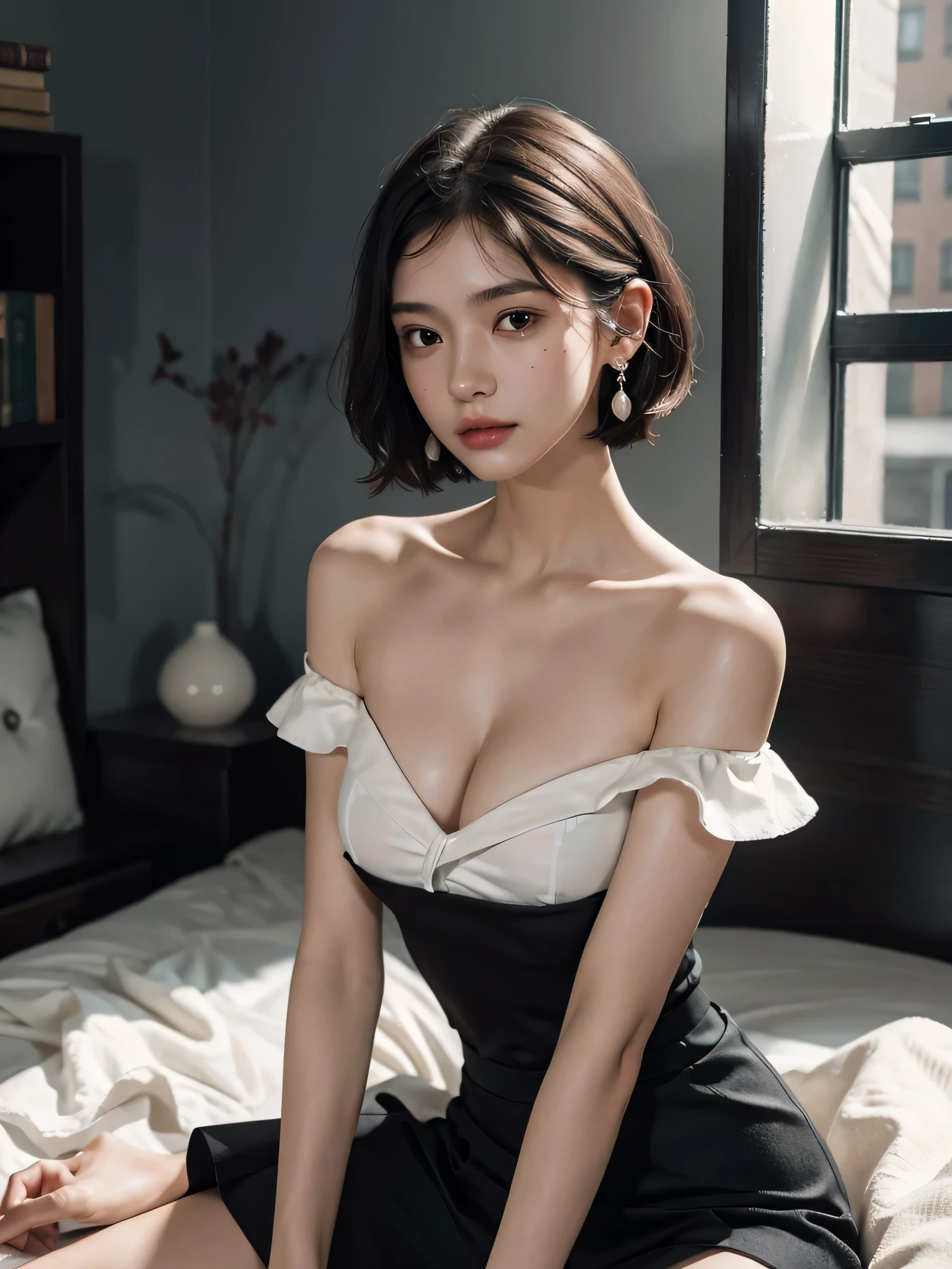 absurderes, Raw photo, Extremely delicate and beautiful, masutepiece, Best Quality, Ultra High Resolution, 16 K, hyper realisitic, Ultra-detailed, Perfect Anatomy, Ultra-detailed細なスキン, Perfect figure, Very detailed CG 8k wallpaper, in her 20s, Very slim body, Narrow waist, Very small head, Very small face, Delicate facial features, tear moles, Earring, thin legs, (very massive round chest), Girls, Full body shot, Short hair, Wavy Hair, (Business Suit), Blouse, Skirt, Bare shoulder,