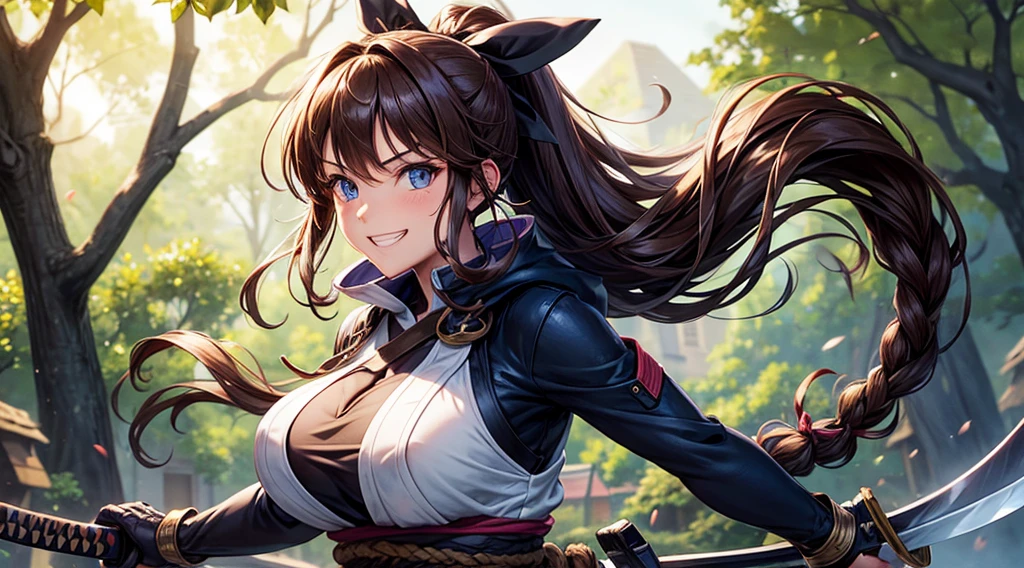 1girl, solo, village, trees, brown hair, long hair, curly hair, ponytail, large breasts, ninja, blue eyes, katana, grin, looking at the viewer, standng, hair ribbon