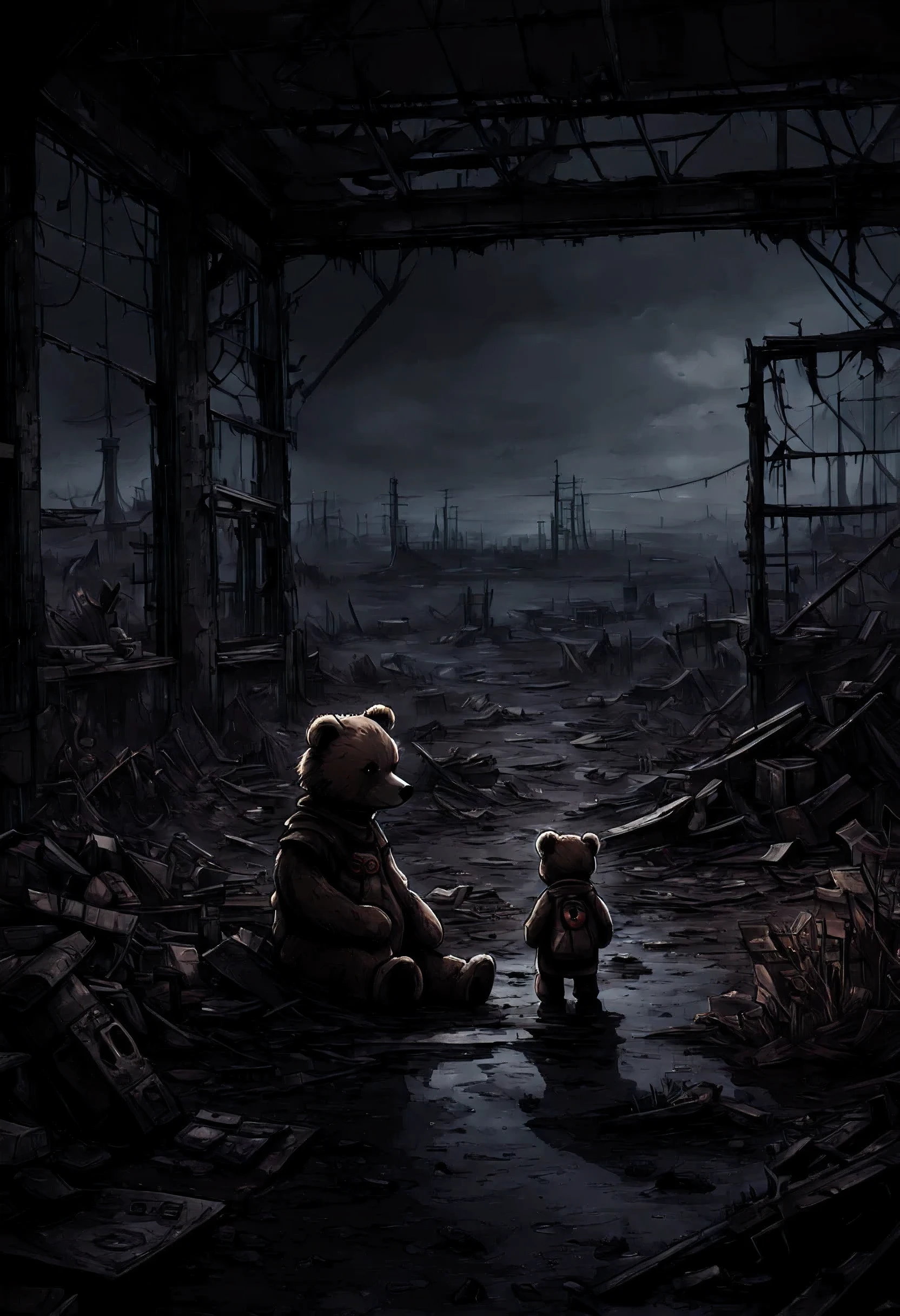 Flat 2D Art, Lonely (((girl))), teddy bear, nuclear wasteland, plants regaining territory, desolation, eerie atmosphere, (dark and moody:1.2), (loneliness:1.ost-apocalyptic:1.2).