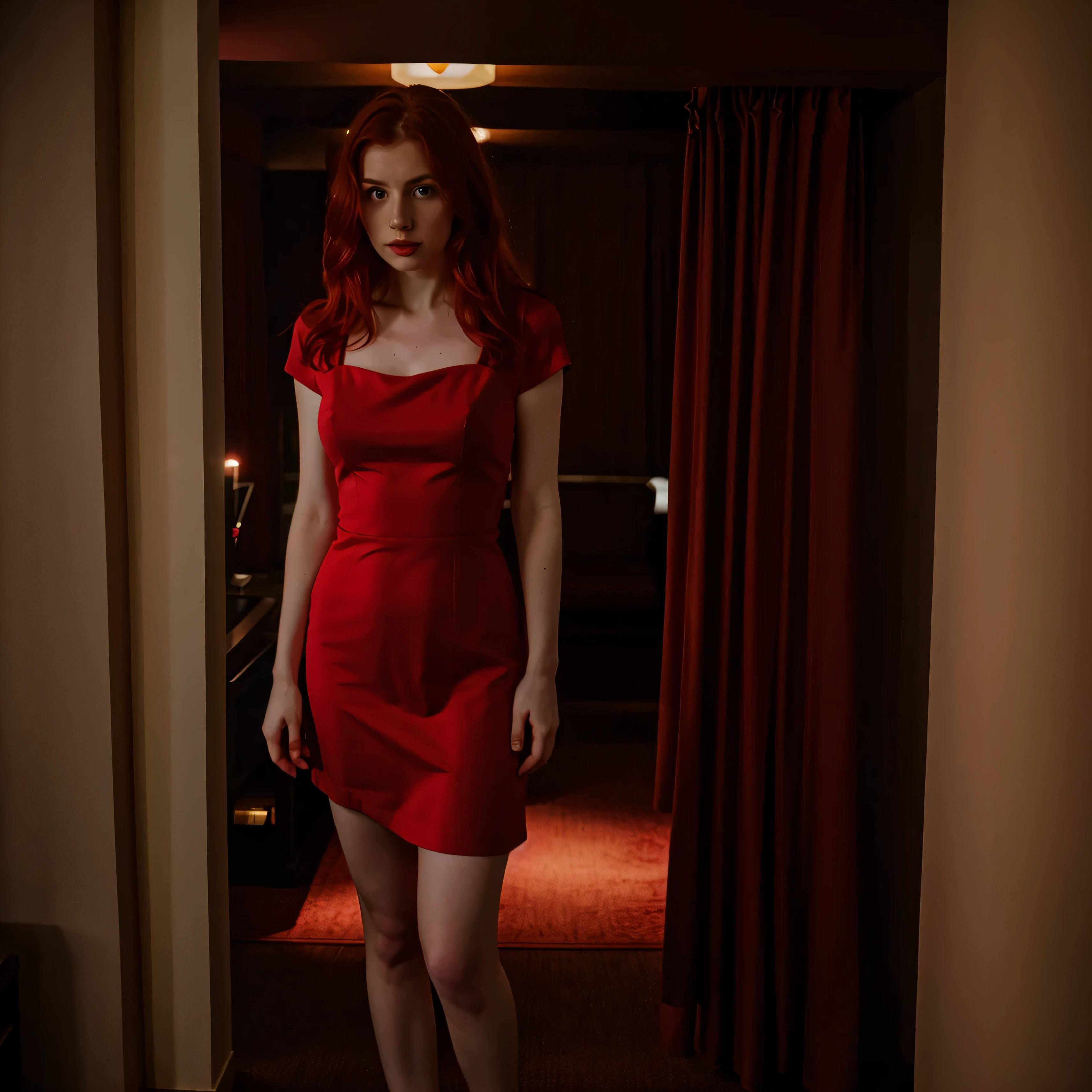 irish red head, pale skin, medium breast, in red dress, standing, in dubai, hotel, seductive, dark room, dark lighting